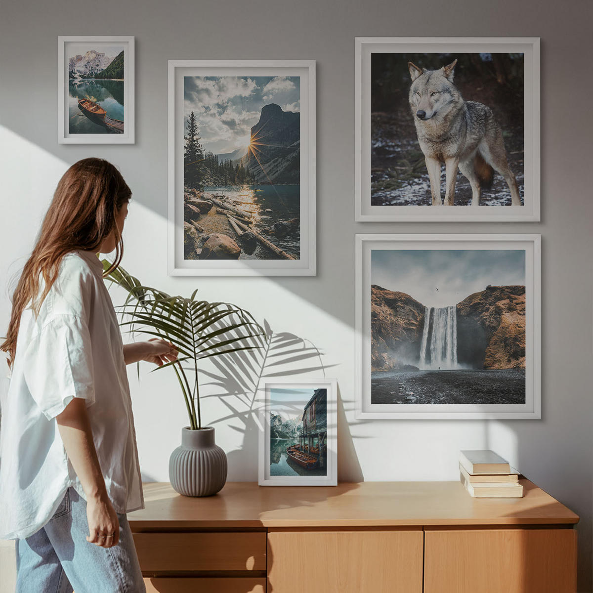 WANDBILDER 5er-Set - 50x50 cm & 20x30 cm & 40x60 cm Weißer Rahmen - Berge, Seen, Wasserfall, Wolf - Weiß, Kunststoff (40/60cm) - ArtPrintCave