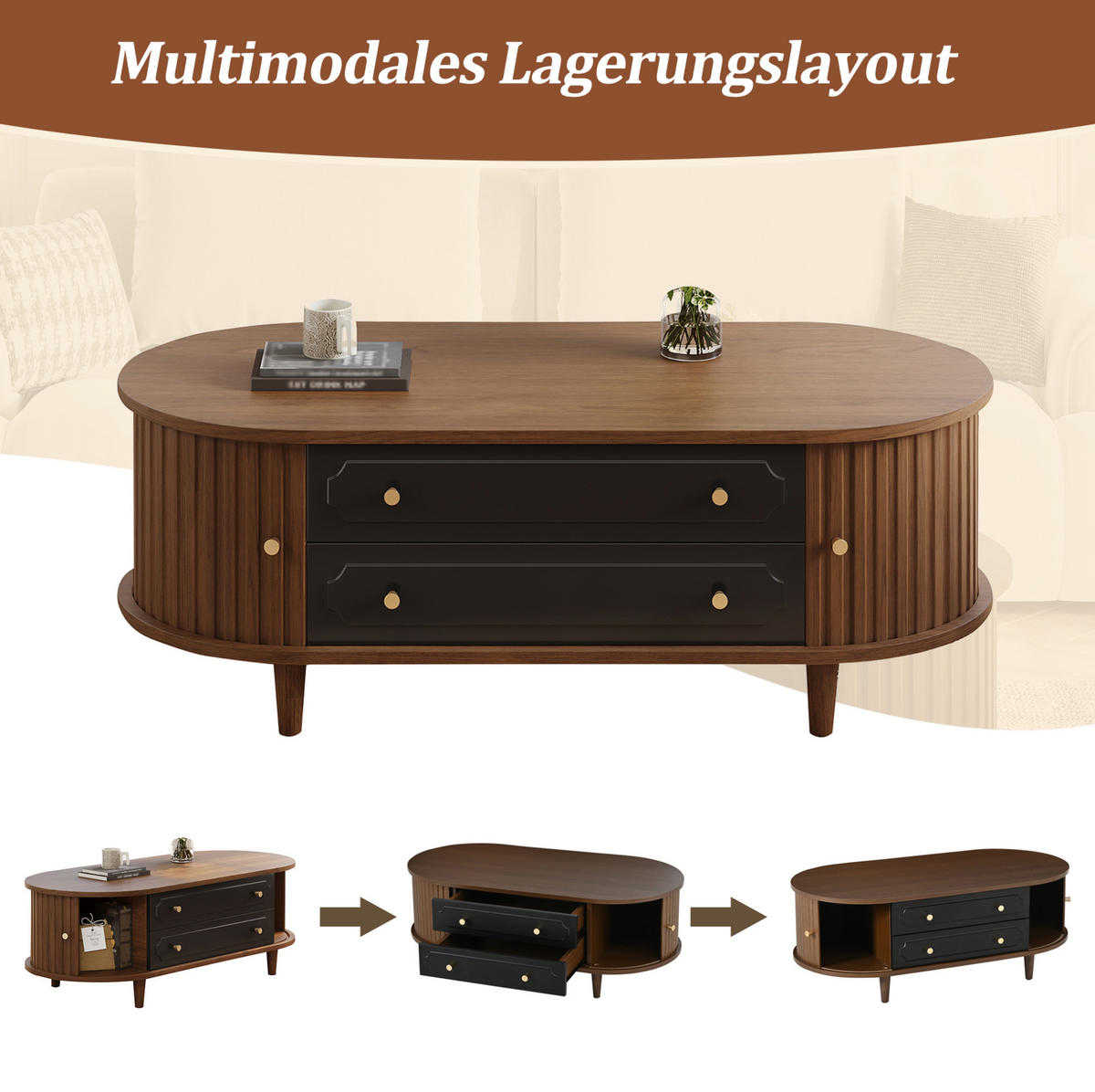 COUCHTISCH aus Spanplatte 100x50x36 cm in Walnuss-Schwarz mit 2 Schubladen - Walnussfarben, Holzwerkstoff (100/50/36cm) - Modfu