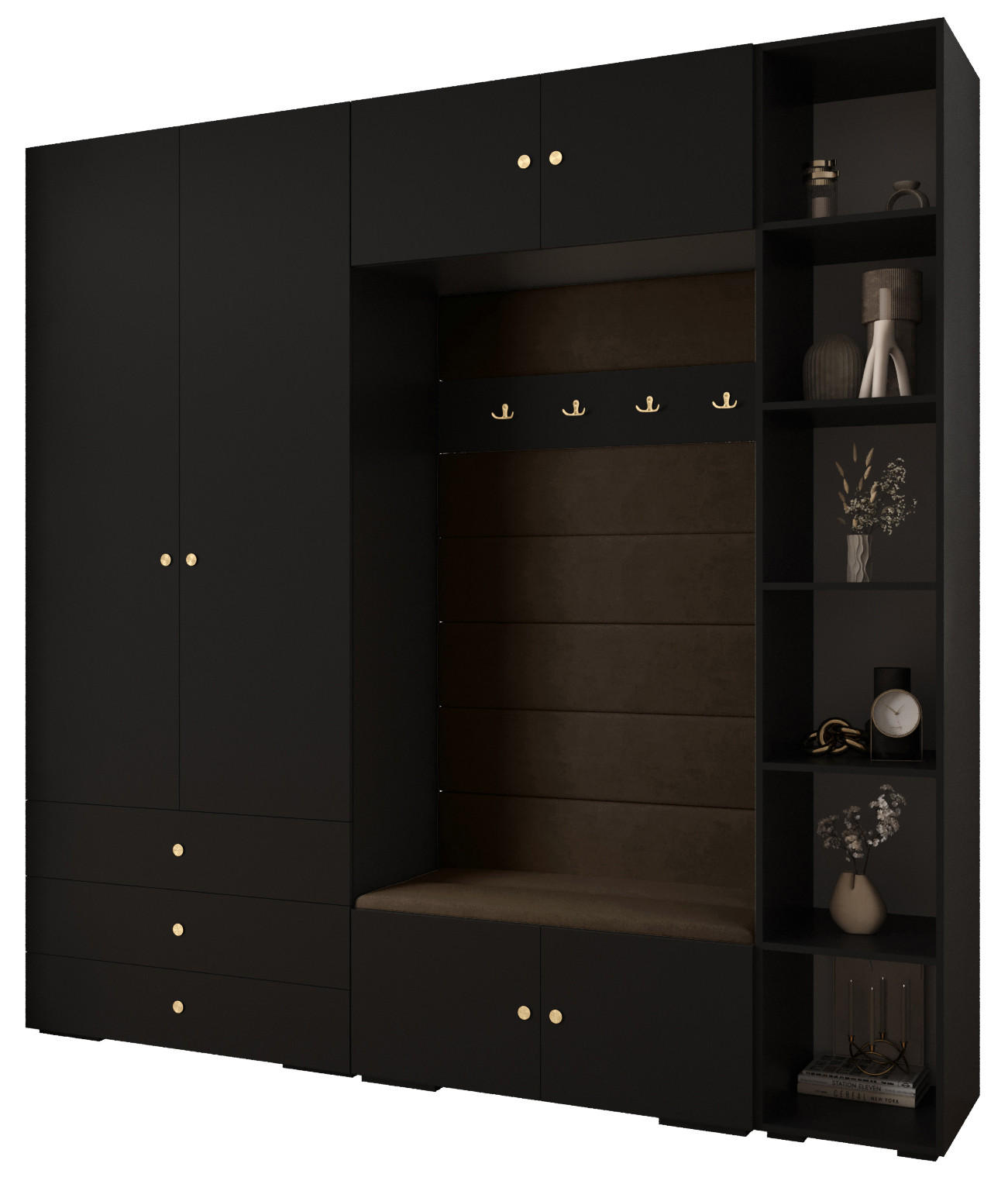 Abiks Möbel Garderoben-Set Schwarz, Braun, Gold 240x236.7x47 cm