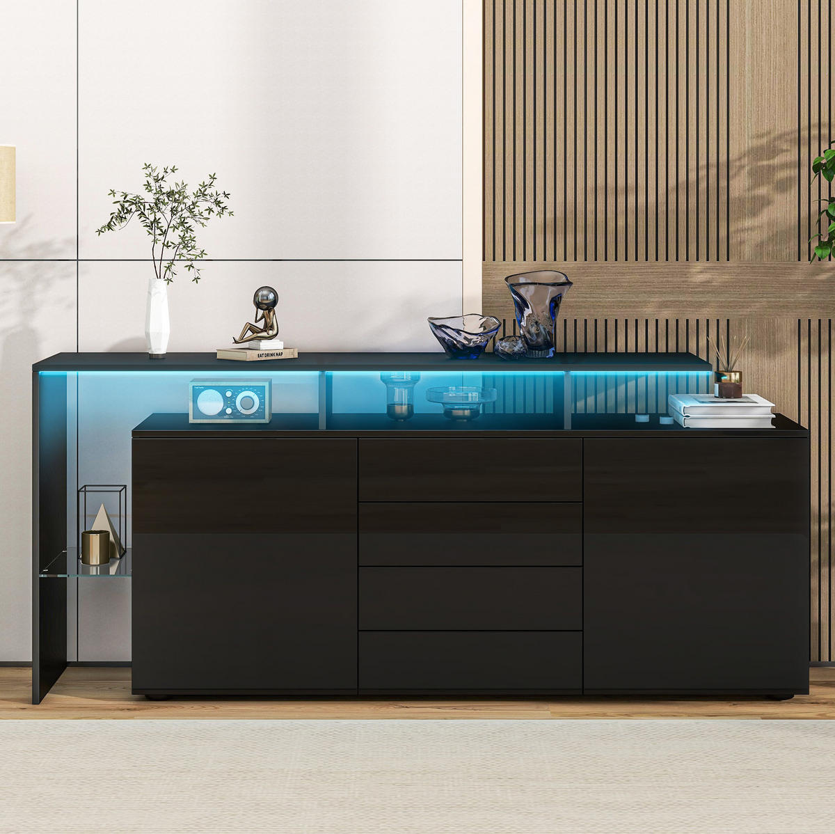 SIDEBOARD mit LED 160 cm Schwarz Hochglanz - Schwarz, Holzwerkstoff (160/70/35cm) - Meubliv
