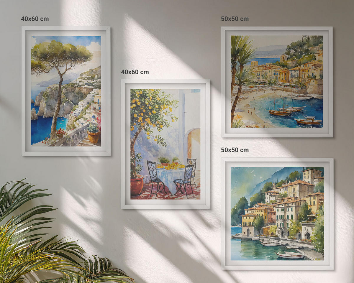 BILDER SET 4er Set - 50x50 cm & 40x60 cm Weißer Rahmen - Italienische Städte (Aquarell) - Weiß, Kunststoff (50/50cm) - TULUP