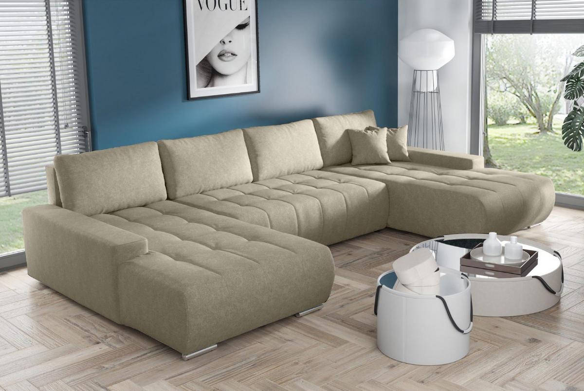 WOHNLANDSCHAFT mit Schlaffunktion Dhaka U, Vanille - Beige, Textil (185/85/350cm) - Fedve