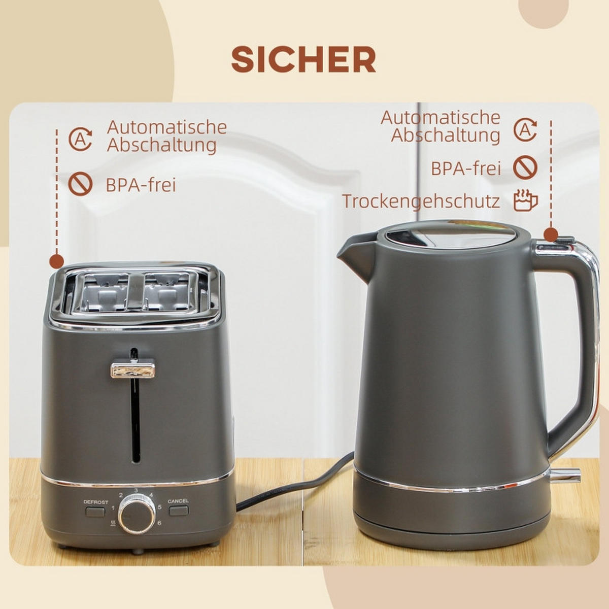 WASSERKOCHER 2-tlg Frühstücksset 1,7L Wasserkocher Und Toaster 6 Bräunungsstufen Grau - Grau, Kunststoff (16/24.3/21.2cm) - Raelunyi