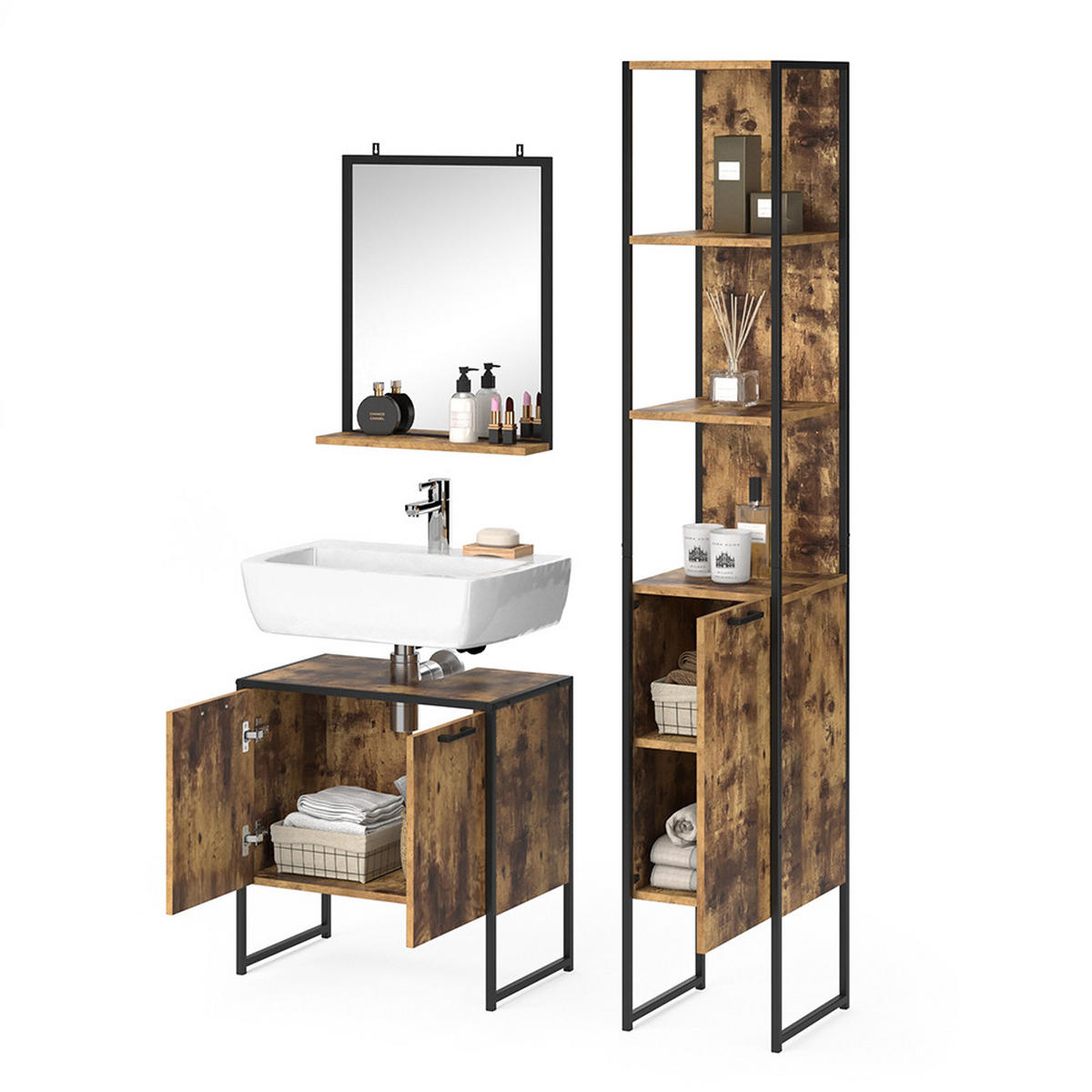 BADMÖBEL-SET Fyrk Antikholz 3 Teile, mit Hochschrank - Eichefarben/Schwarz, Holzwerkstoff (60/60/33cm) - Vicco