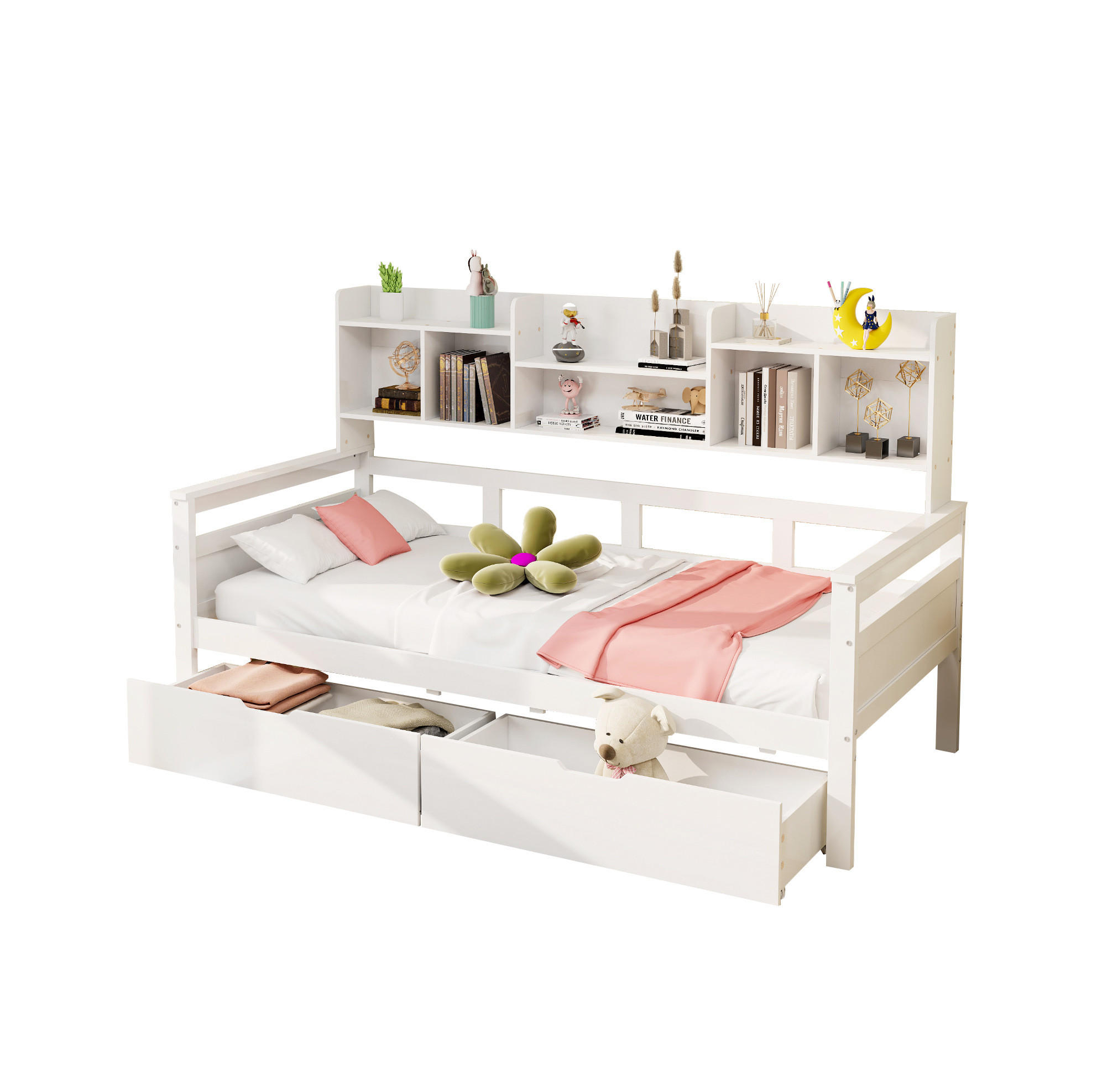 KINDERBETT 90/200 cm als Schlafsofa mit 2 Schubladen, Seitenregalen und Lattenrost, Weiß - Weiß, Holzwerkstoff (90/200cm) - Redom