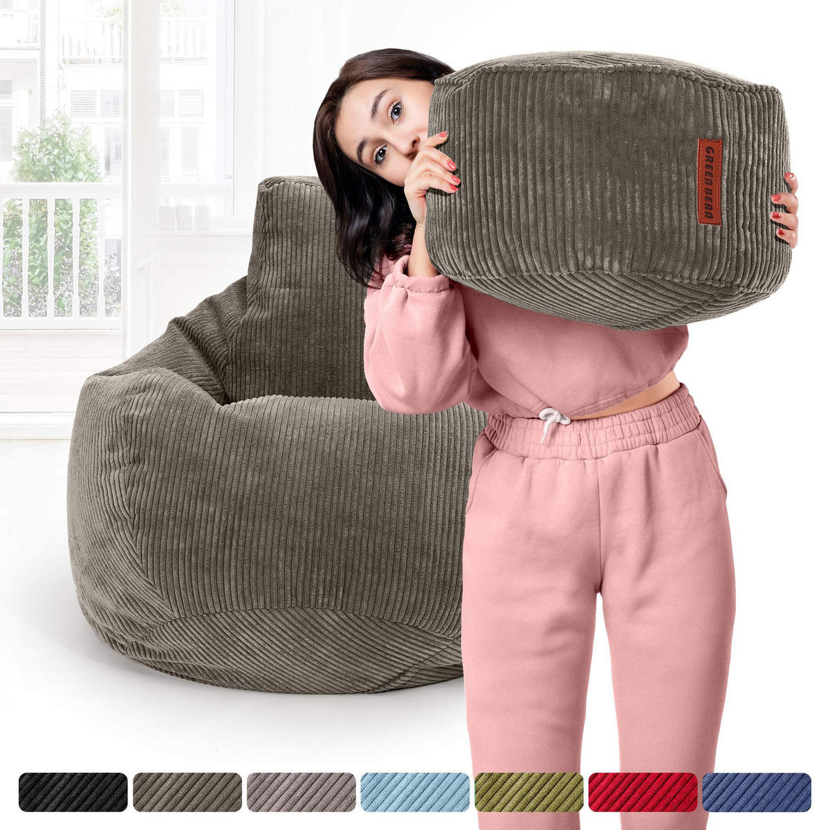 LOUNGE-SITZSACK Cozy + Fußhocker - Dunkelgrau, Textil (80/90/90cm) - Green Bean