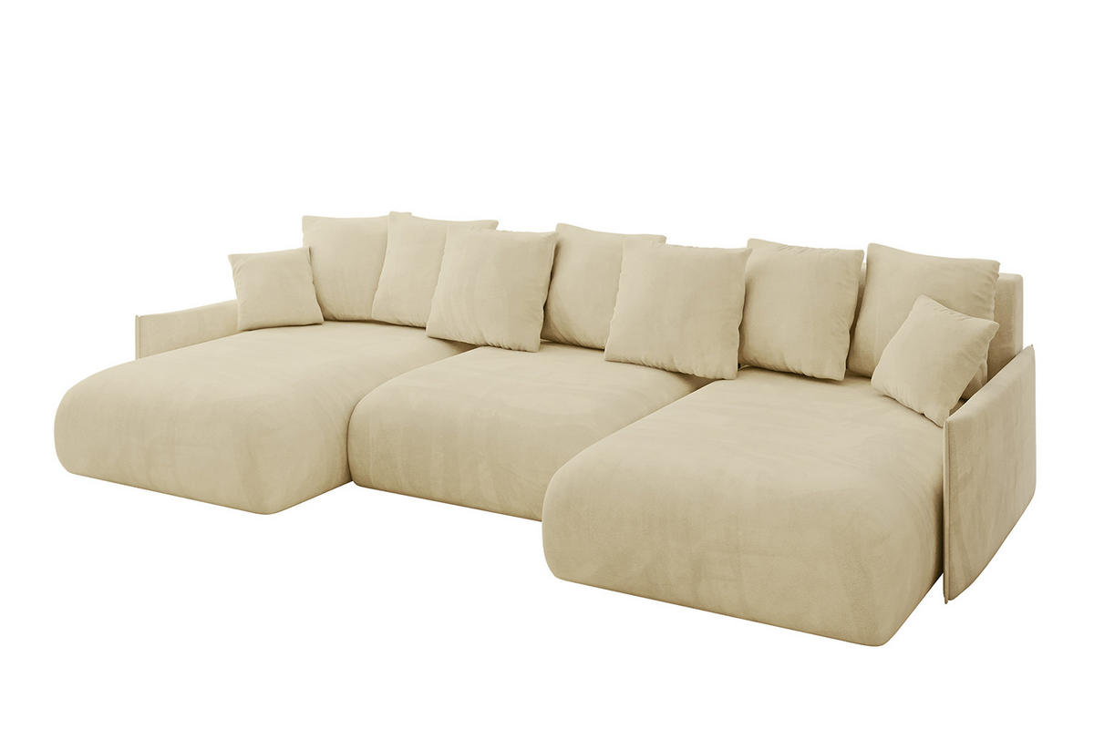 WOHNLANDSCHAFT mit Schlaffunktion und Bettkasten ONESK-U-v1 304x165x40 Beige Velours - Beige, Holzwerkstoff/Kunststoff (304/90/165cm) - ALTDECOR