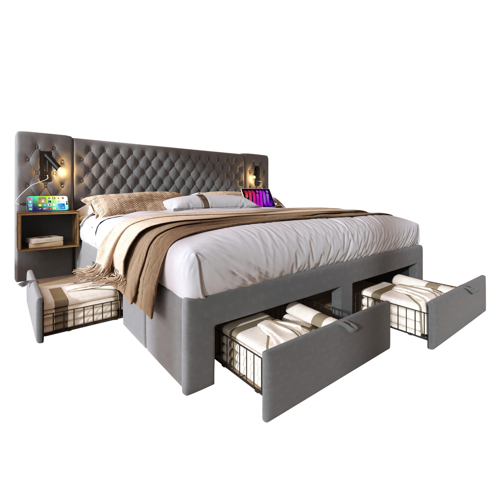 OBLAZINJENA postelja 160/200 cm z 2 nočnima omaricama, 4 predali, LED bralnima lučkama in USB/Type-C, Siva - siva, tekstil (160/200cm) - Redom