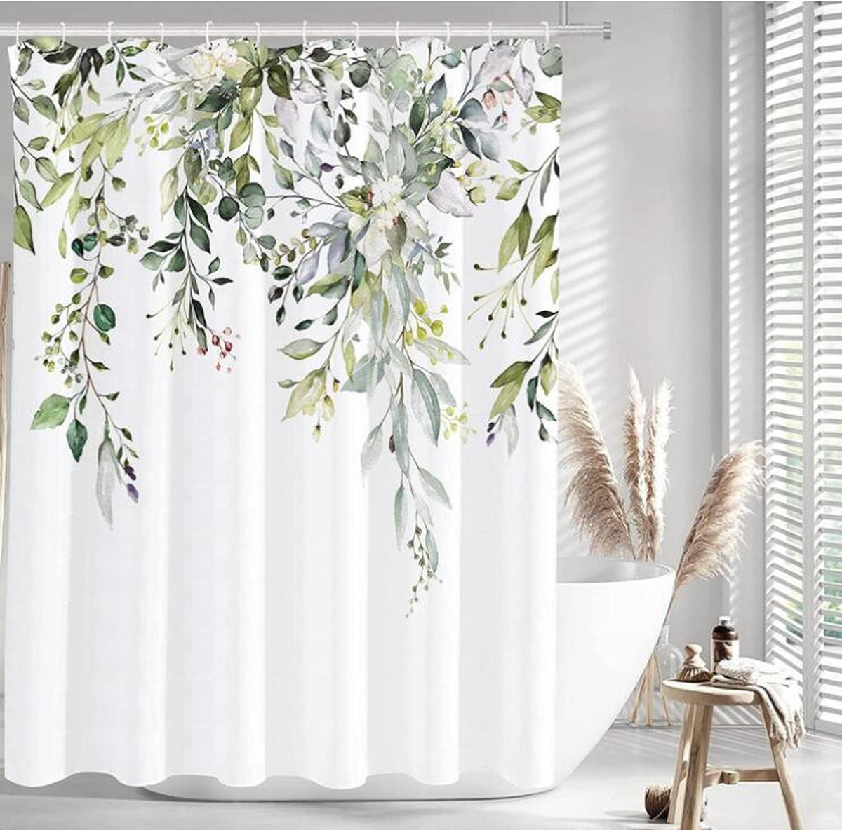 DUSCHVORHANG SET Grün Eukalyptus Blätter floral Dekoration 180 x 180 cm mit Haken Badezimmer - Weiß, Textil (180/180cm) - MCBOSON
