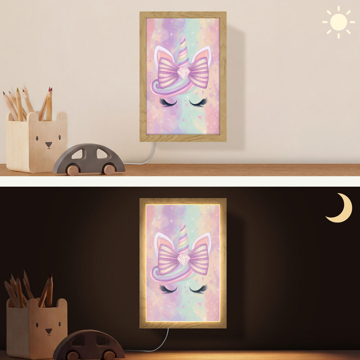 NÁSTĚNNÁ LAMPA Jednorožec - Třpytky - Duha - Pastelové barvy 20x30 cm - světle růžová, kompozitní dřevo (20/30/8cm) - OnlyWow