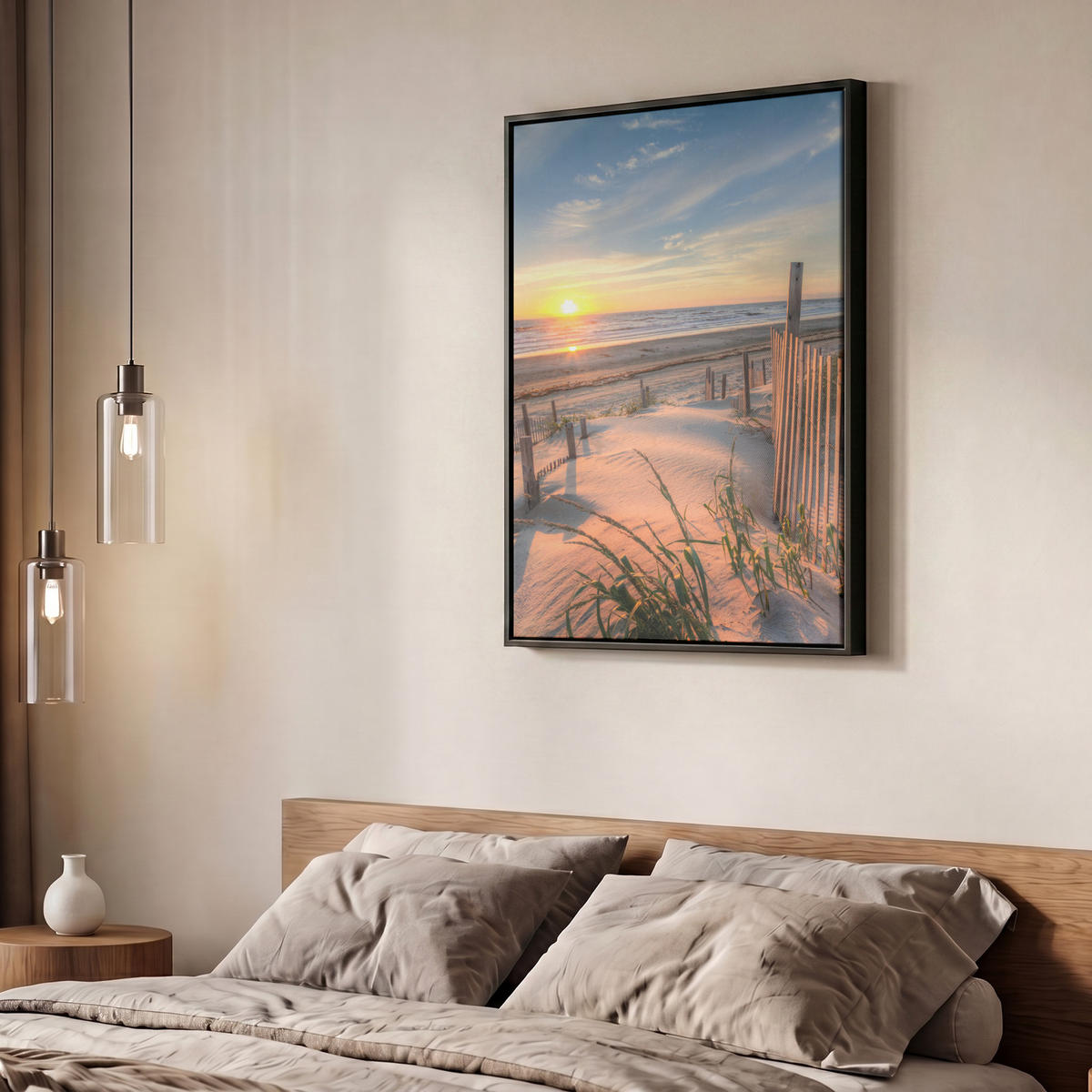 LEINWAND Bilder mit Rahmen - Strand - Meer - Düne - Sonnenuntergang - Landschaft - 50x70 - Beige, Textil (50/70cm) - MuchoWow