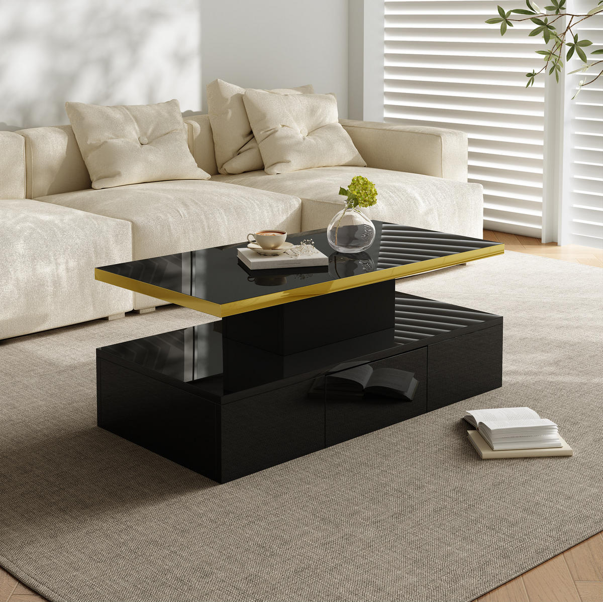 COUCHTISCH, Hochglanz Schwarz mit 2 Ebenen und integrierter Schublade, platzsparendes Design, 100/50/39 cm，Schwarz - Schwarz, Holzwerkstoff (100/50/39cm) - Redom