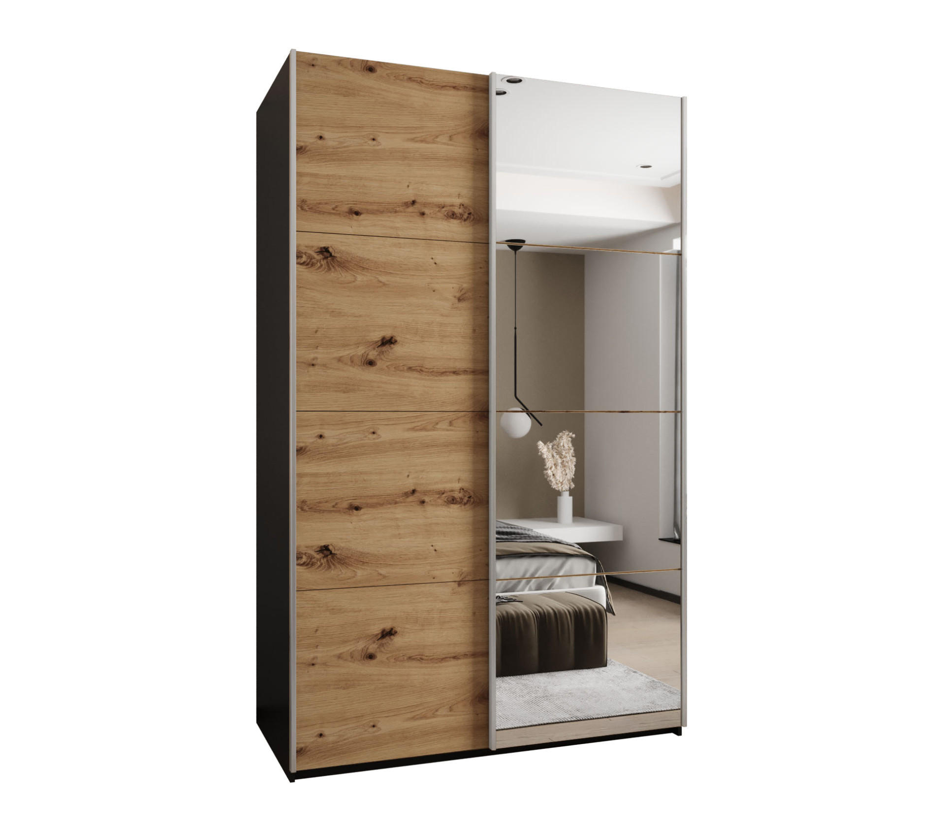 Abiks Möbel Schwebetürenschrank Schwarz, Eiche Artisan, Silber 150x245x64 cm