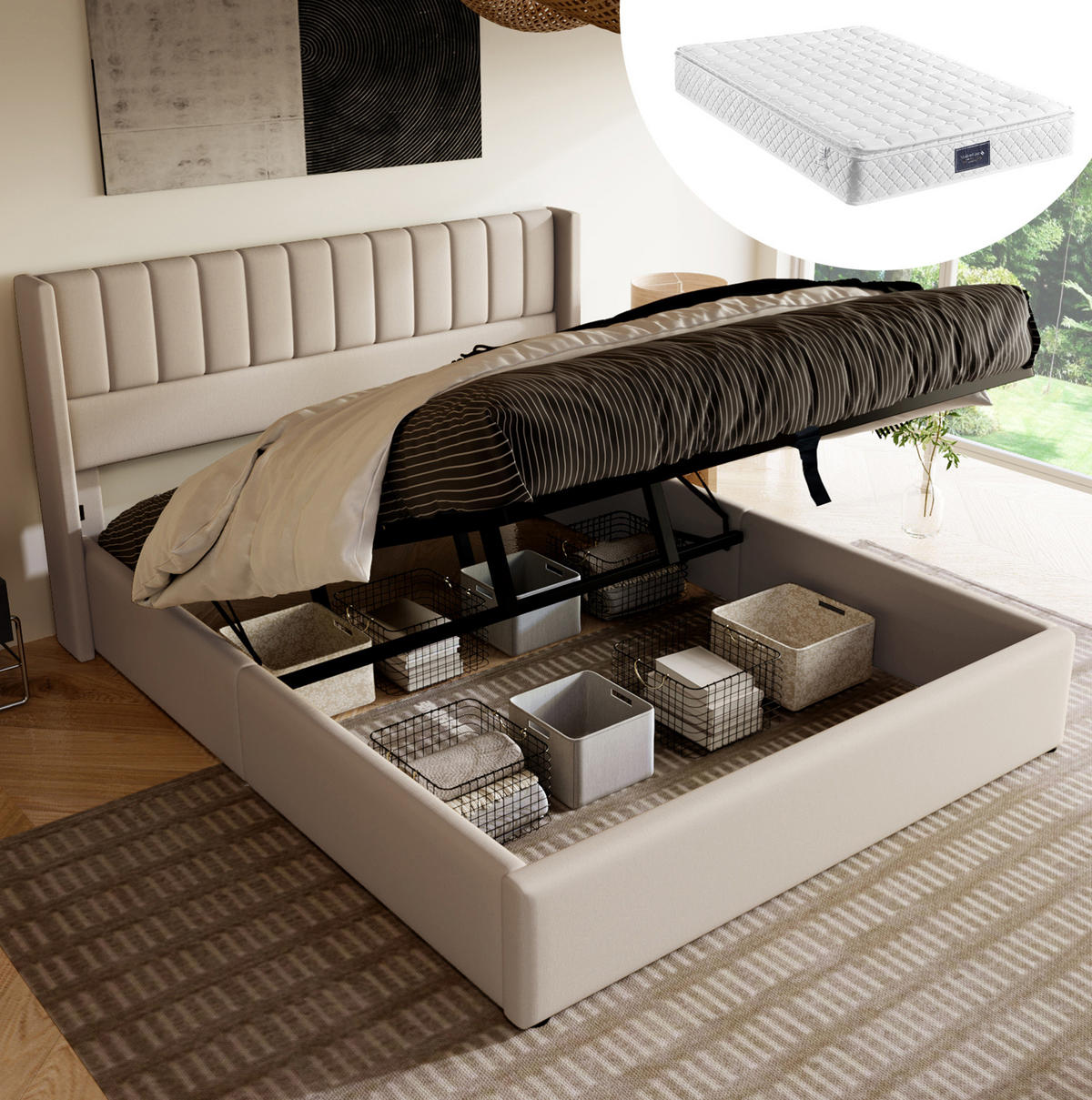 BETT mit Bettkasten 140x200 cm Leinen Beige inkl. Matratze - Beige, Metall (140/200cm) - Meubliv
