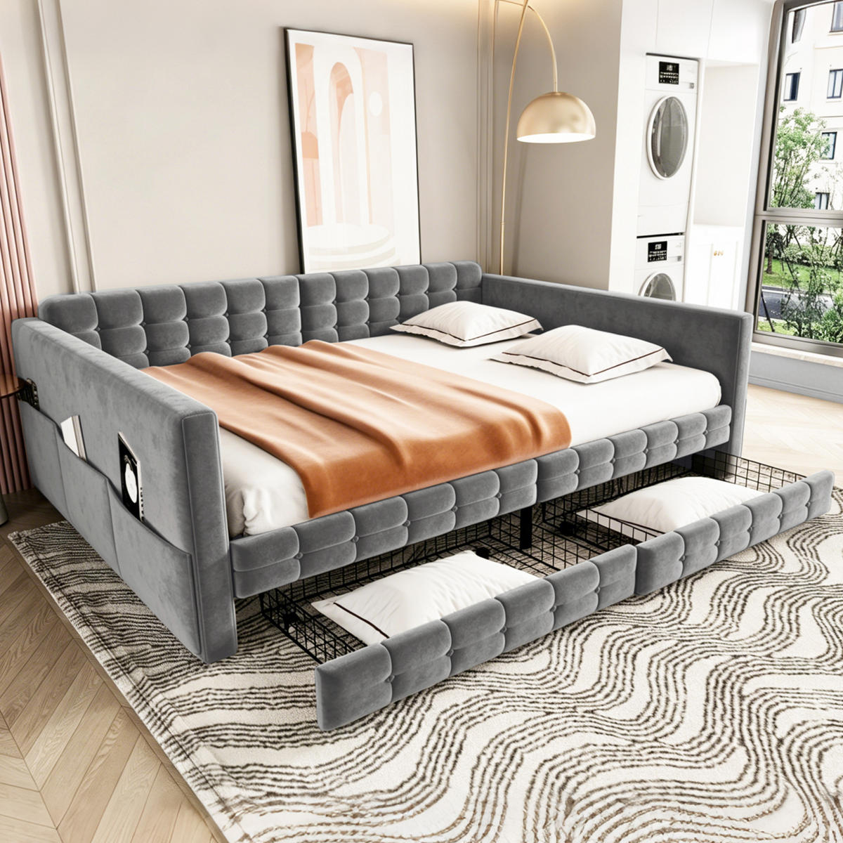 POLSTERBETT 140x190cm Schlafsofa Samt Stauraum Schubladen Grau - Grau, Textil (140/190cm) - FLIEKS