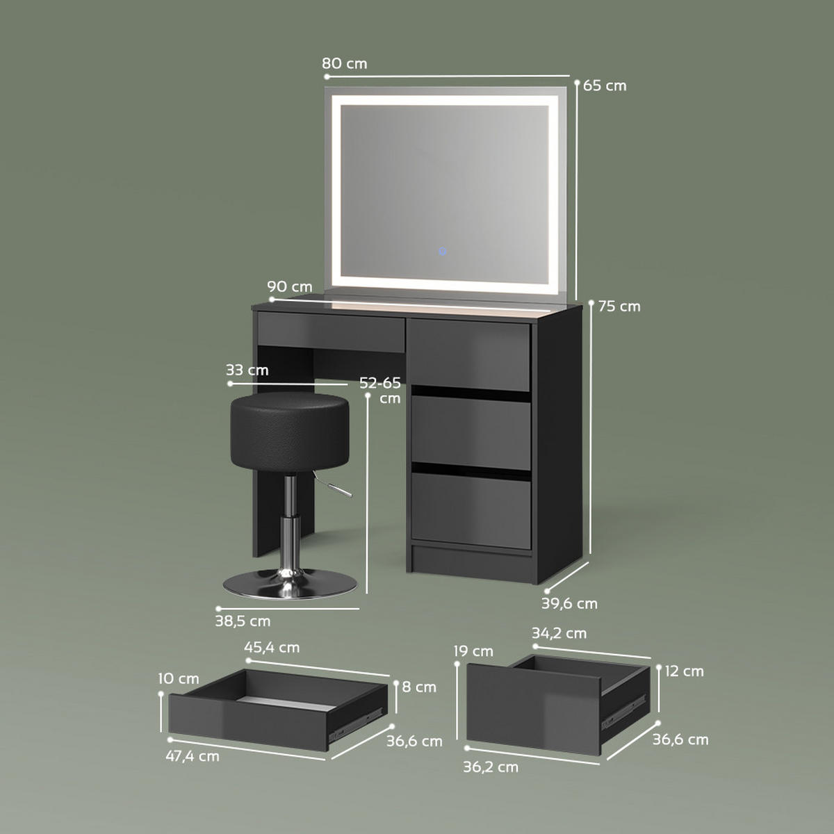 SCHMINKTISCH Imola Anthrazit mit LED Spiegel und Hocker - Anthrazit, Holzwerkstoff (90/75/40cm) - Livinity®