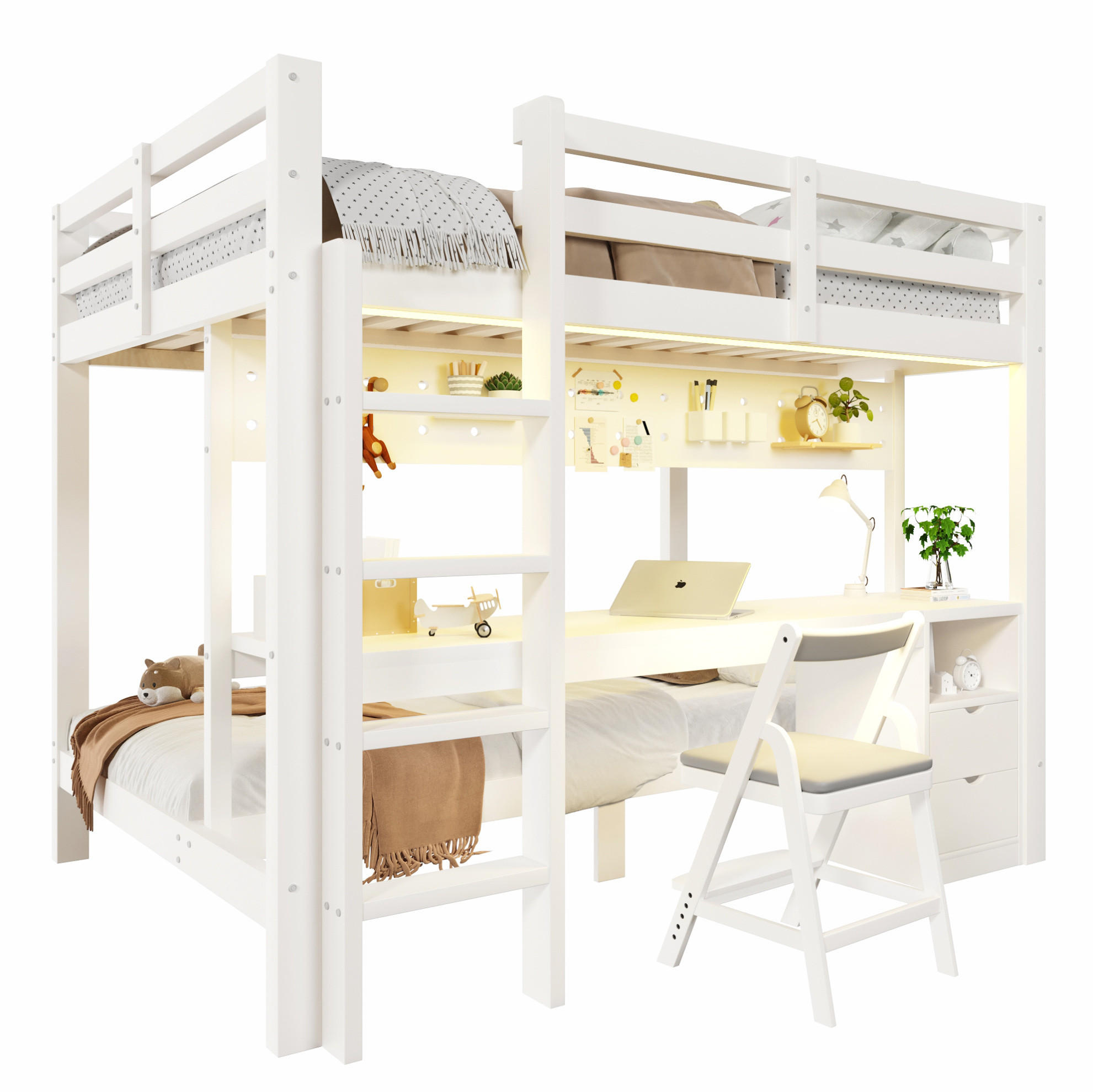 HOCHBETT 90/200 i 140/200 cm mit Schubladen, Schreibtisch und LED-Lichtleiste, Kiefernholz, Weiß/Natur - Weiß, Holz/Holzwerkstoff (90/200cm) - Redom
