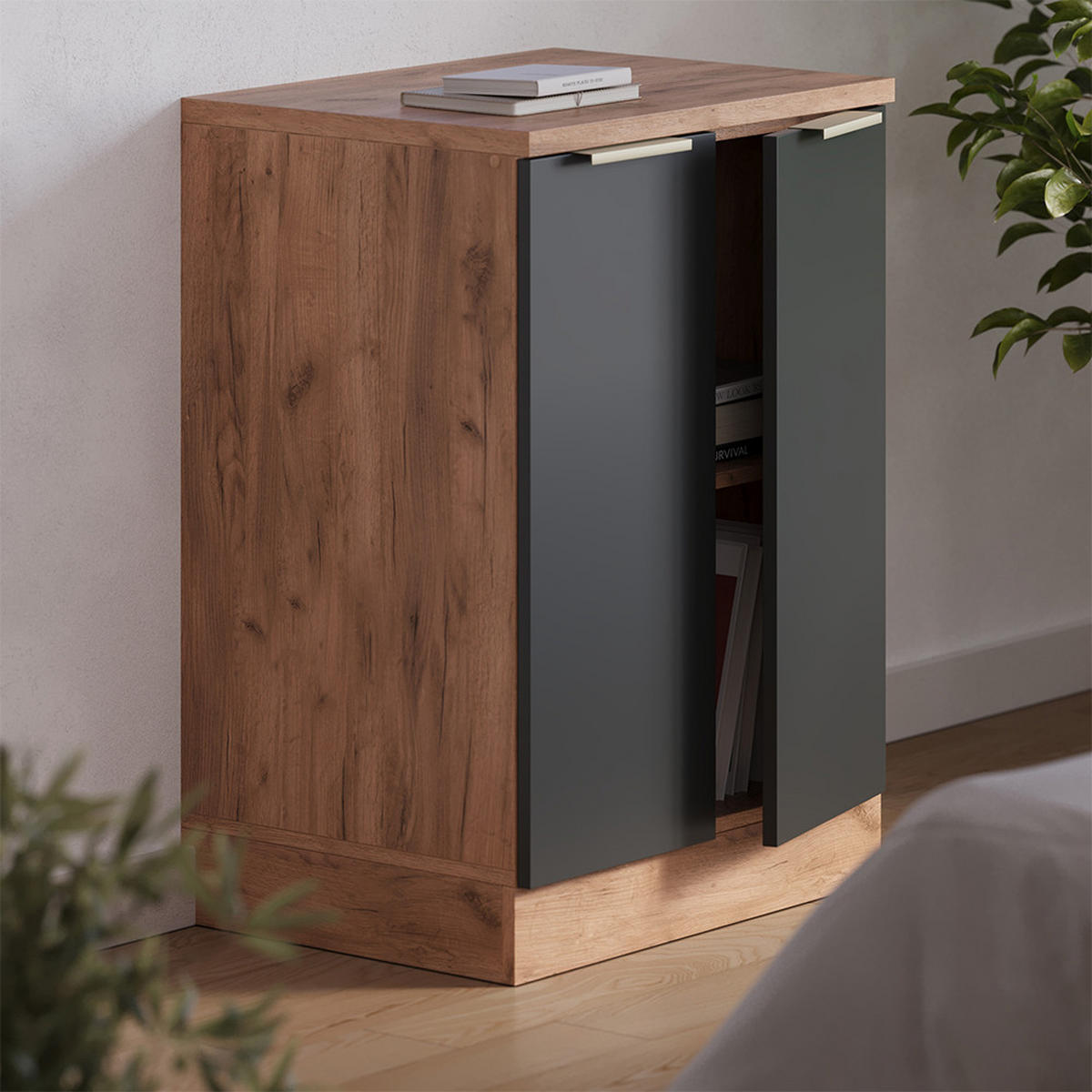 KUHINJSKA OMARA ZA POŠEVNE STREHE R-Line, Antracitno-zlata, 60 cm brez naklona z 2 vrati - medeni hrast/antracit, leseni material (60/83.8/46cm) - Vicco