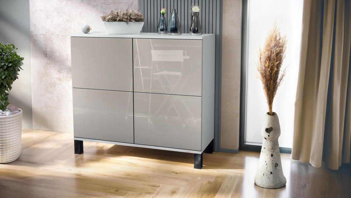 KOMMODE Rova Sandgrau Hochglanz - Sandfarben, Holzwerkstoff (92.5/84.5/35cm) - Vladon