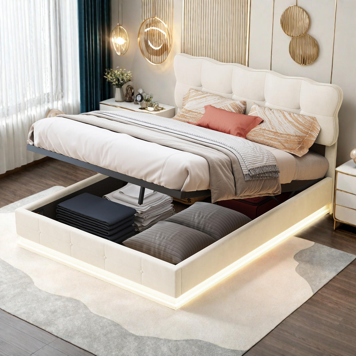 POLSTERBETT 140/200 cm Beige mit Bettkasten und LED-Beleuchtung - Beige, Holz (140/200cm) - SHOPENTRA