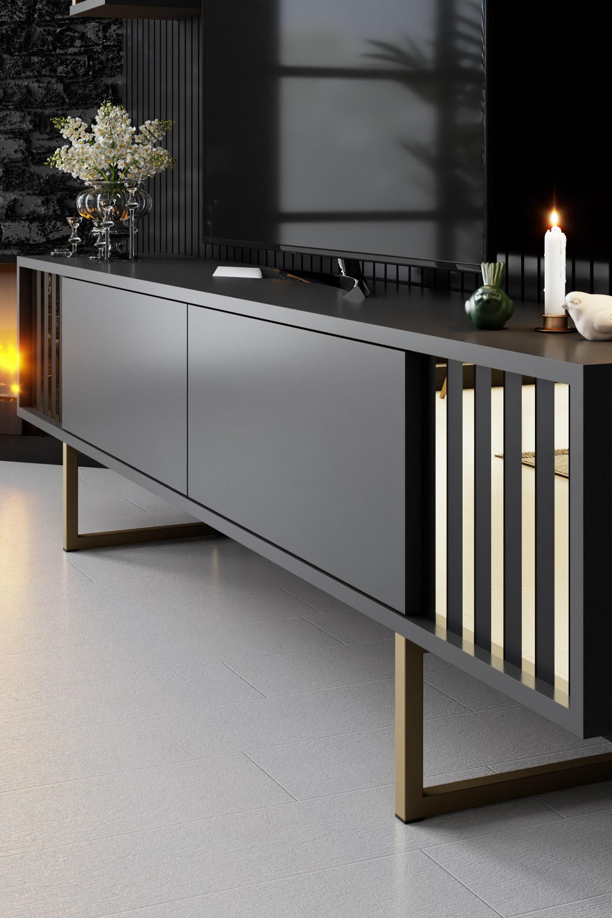 TV-MÖBEL Gold Line Anthrazit-Schwarz - Anthrazit/Schwarz, Holz (180/48/30cm) - Habitat Garten