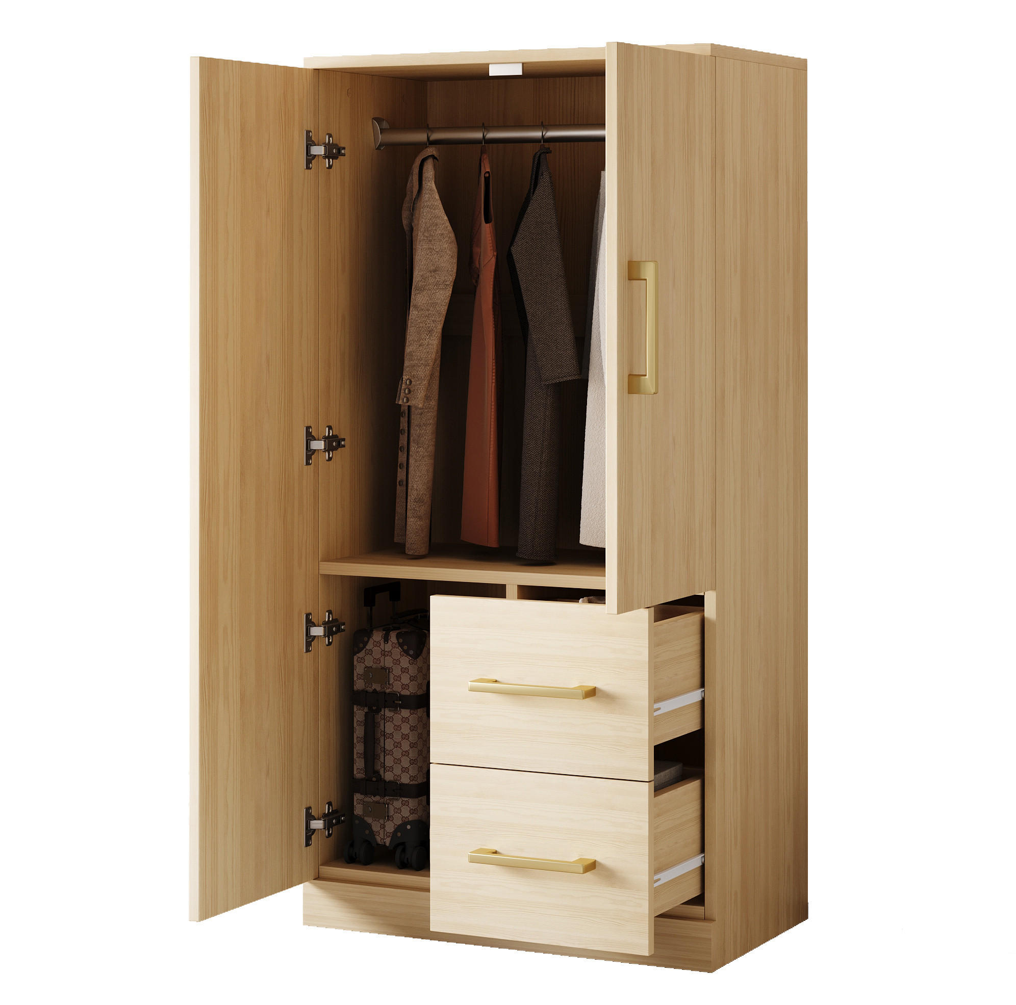 KLEIDERSCHRANK Holz, Doppeltür mit 2 Schubladen & Staufach, 70/40/135 cm, Naturholz - Naturfarben, Holz (70/135/40cm) - Redom
