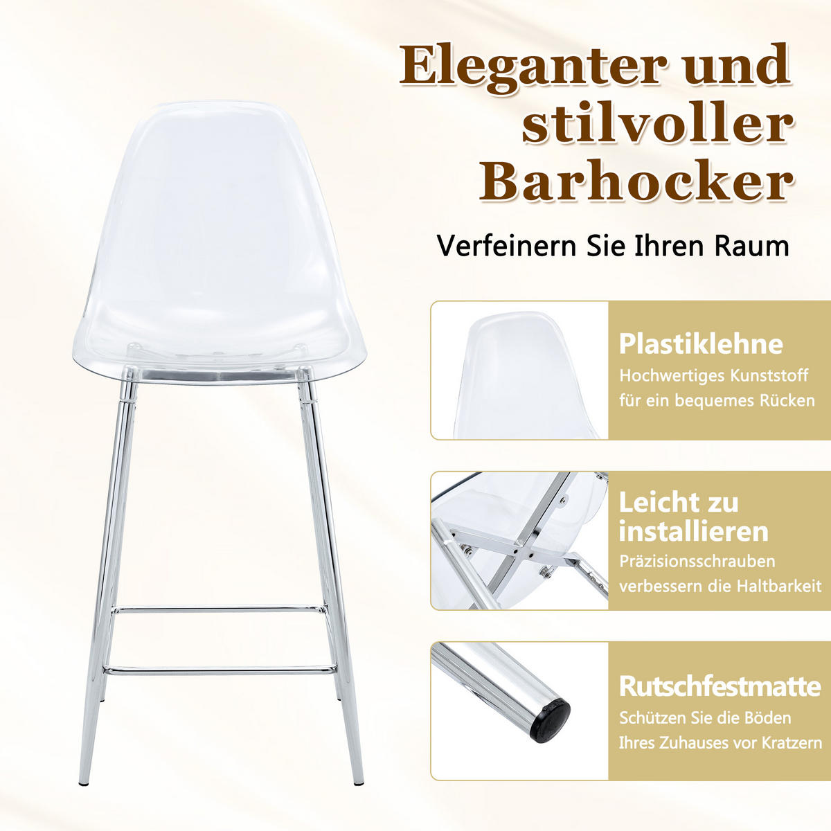BARHOCKER DE-36582 4er Set mit transparenter Sitzschale Schwarz - Silberfarben, Kunststoff (45/102/51cm) - ComfortXL