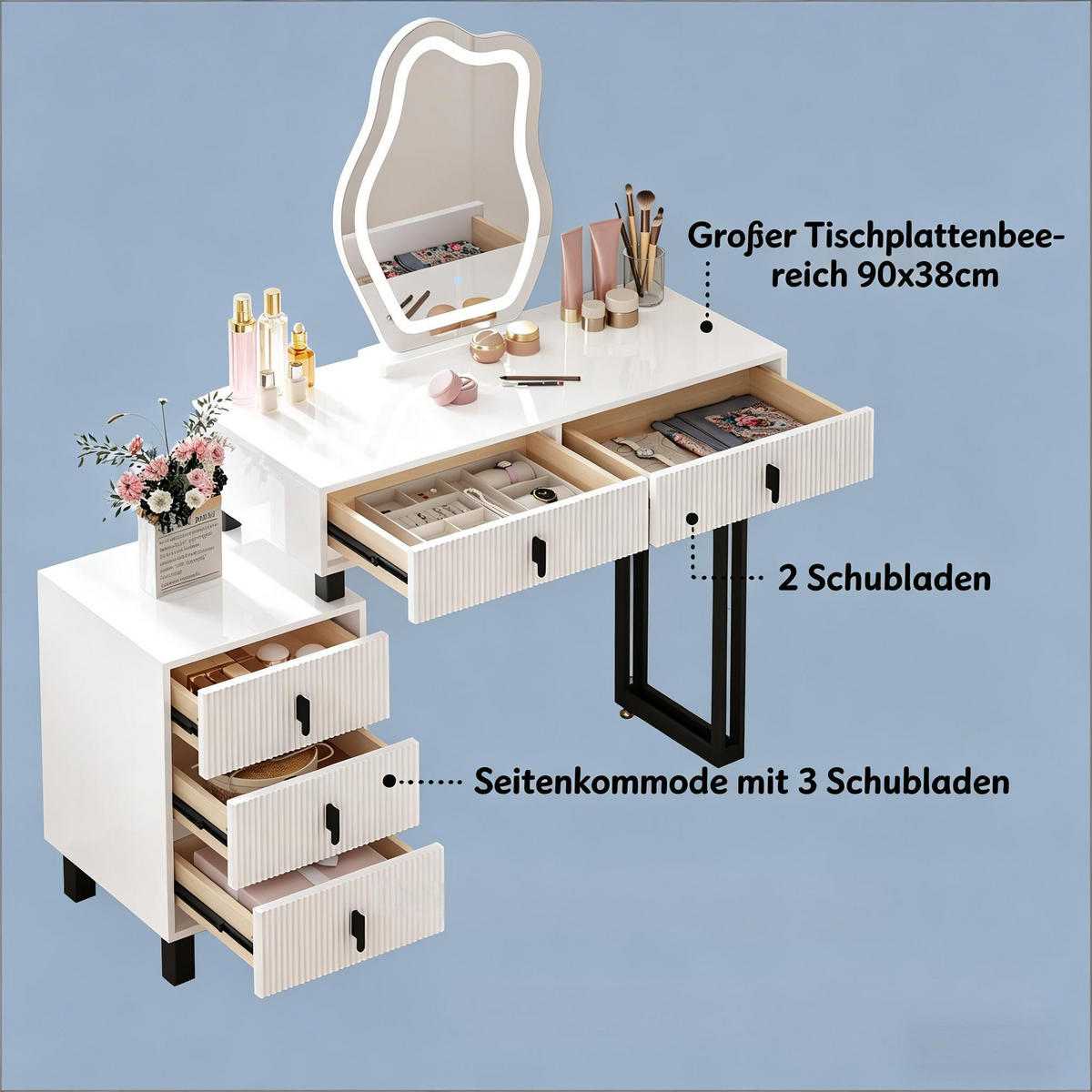 SCHMINKTISCH mit Spiegel, weiß, 90 x 38 x 130 cm - Weiß, Holzwerkstoff (38/130/90cm) - Vallsero