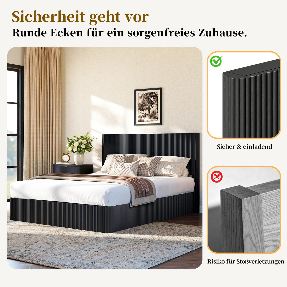 BETT 160/200 cm in Schwarz mit Stauraum, Lift-System und Rillenoptik - Schwarz, Holzwerkstoff/Metall (160/200cm) - WISHDOR