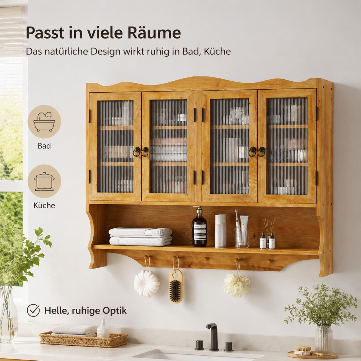 KÜCHENOBERSCHRANK 100/20/80 cm aus Massivholz und Glas mit 4 Türen und Hakenleiste Natur - Naturfarben, Holz (100/80/20cm) - Modenvie