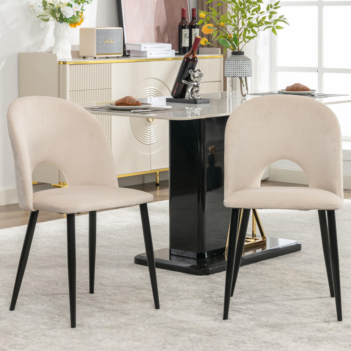POLSTERSTUHL 2er-Set mit Rückenlehne Samt Beige Metallgestell - Beige, Metall (44/84/47cm) - Meubliv