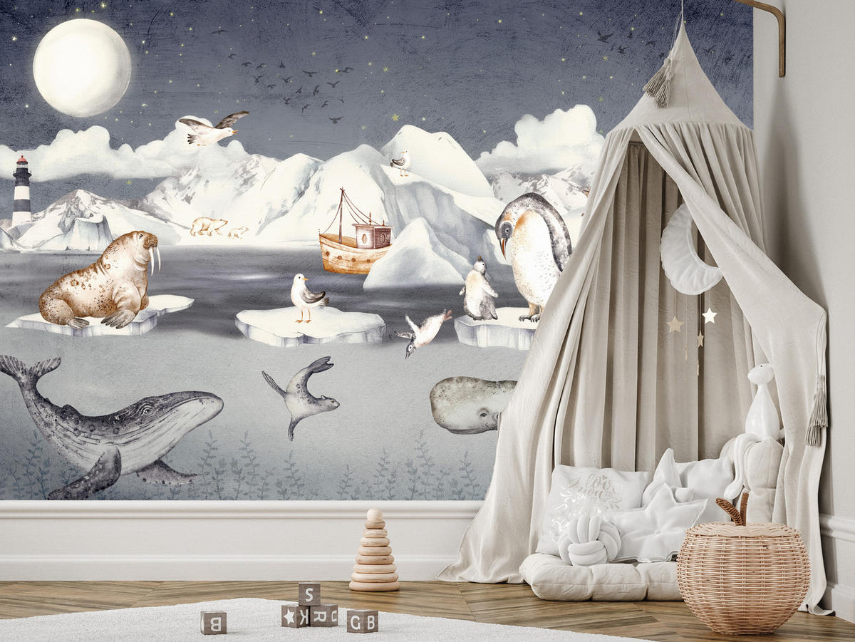 FOTOTAPETE für Kinderzimmer Arktische Tiere Pinguine Robben Mond Gebirge 400x280 - Orange/Weiß, Papier (400/280cm) - Muralo