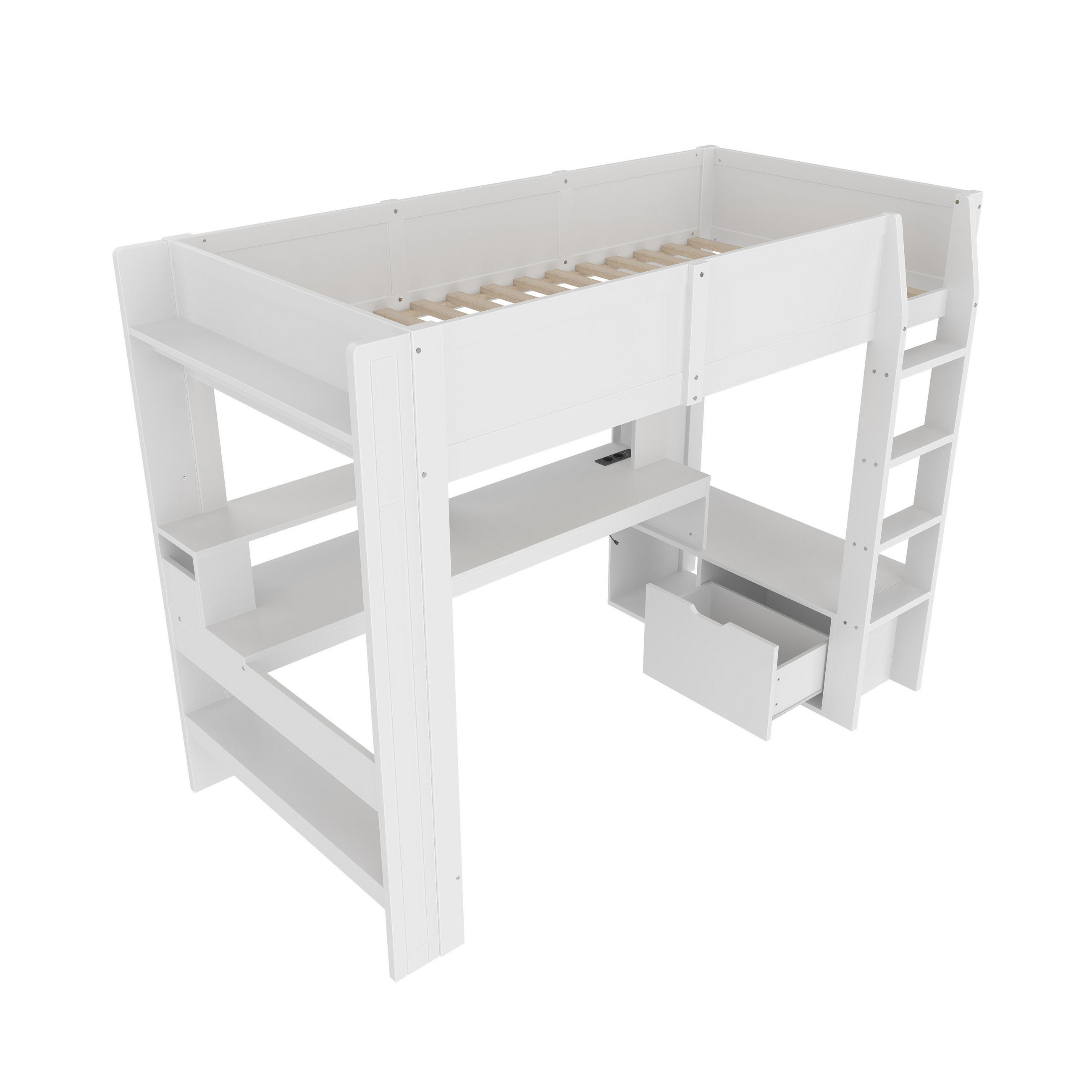 HOCHBETT 90/200 cm DE-04535, mit LED, Schreibtisch, Schublade und Regalen in Weiß - Weiß, Holz/Holzwerkstoff (90/200cm) - ComfortXL