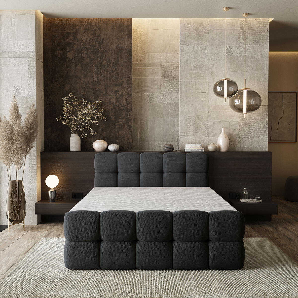 BOXBETT BRUME 180x200 cm mit Matratze und Topper, H2+H3 - Schwarz - Schwarz, Holz (180/200cm) - MASSENO