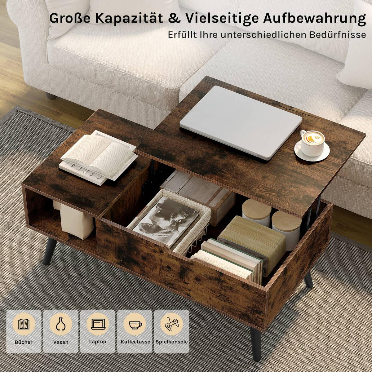 COUCHTISCH höhenverstellbar(47-53 cm), mit Stauraum, Vintagebraun - Dunkelbraun/Schwarz, Holzwerkstoff/Metall (50/100/43cm) - Woltu