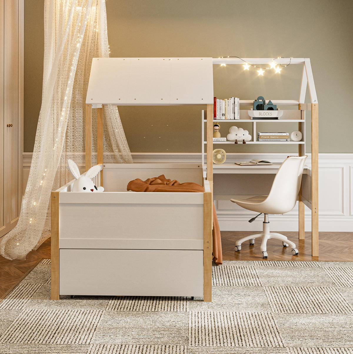 HAUSBETT aus 90x200 cm Weiß mit Schreibtisch, Bücherregal, Rollschubladen und Rausfallschutz - Weiß, Holzwerkstoff (90/200cm) - Modfu