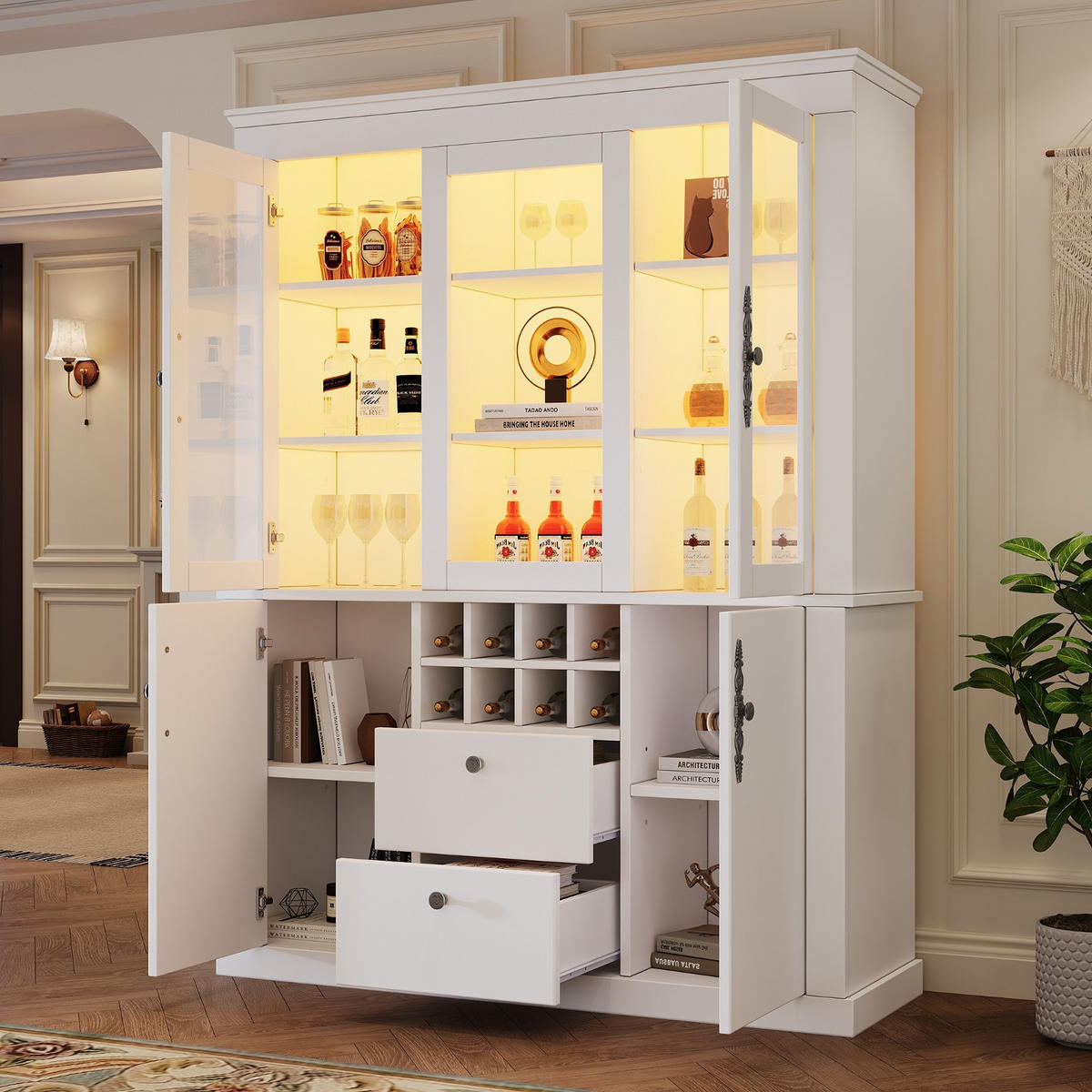 KÜCHENSCHRANKMIT LED-BELEUCHTUNG 130/170,5/37,5 cm Spanplatte, Glas Weiß, 8 WEINREGALE, Wohnzimmerschrank - Weiß, Holzwerkstoff (37.5/170.5/130cm) - Rolipo