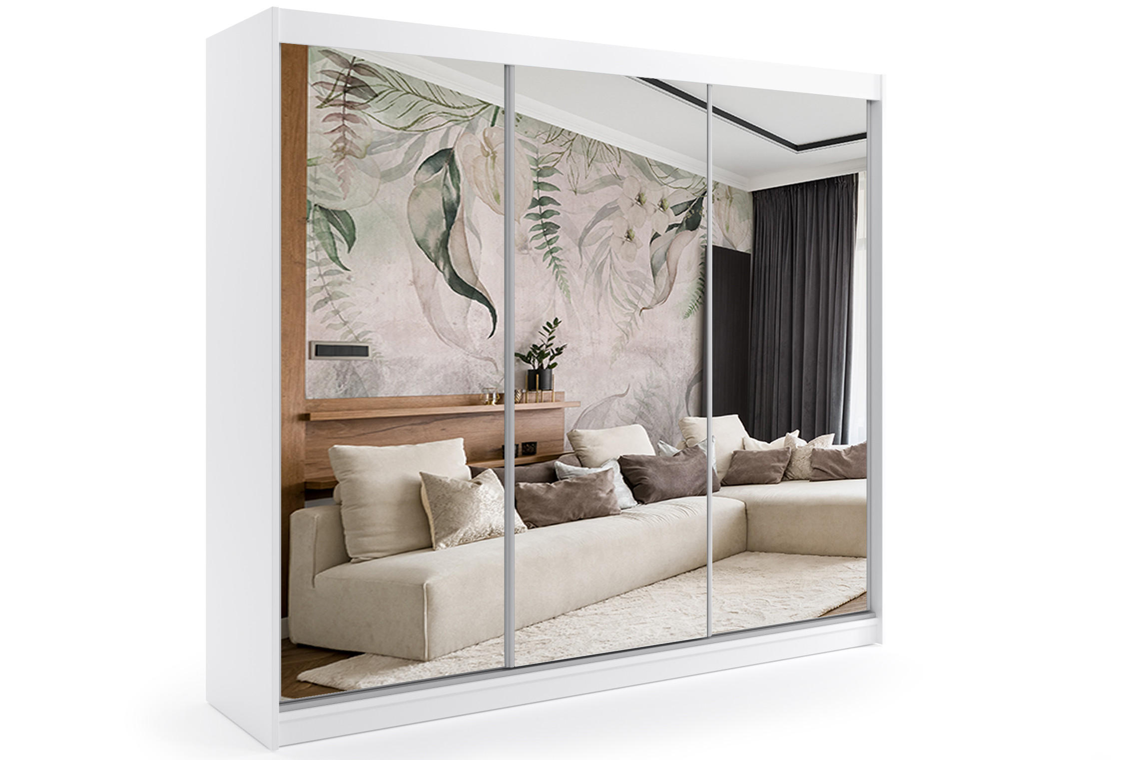 ALTDECOR ŠATNÍ SKŘÍŇ se zrcadlovými posuvnými dveřmi a hliníkovými lamelami, LED osvětlení – DEBI – 180 cm bílá