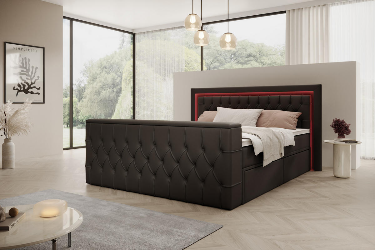 BOXSPRINGBETT Arosa TV mit Schubladen und Topper, TV-Lift, LED Beleuchtung, Kunstleder, 180x200 cm, Schwarz - Schwarz, Holz - PROMETO Möbel
