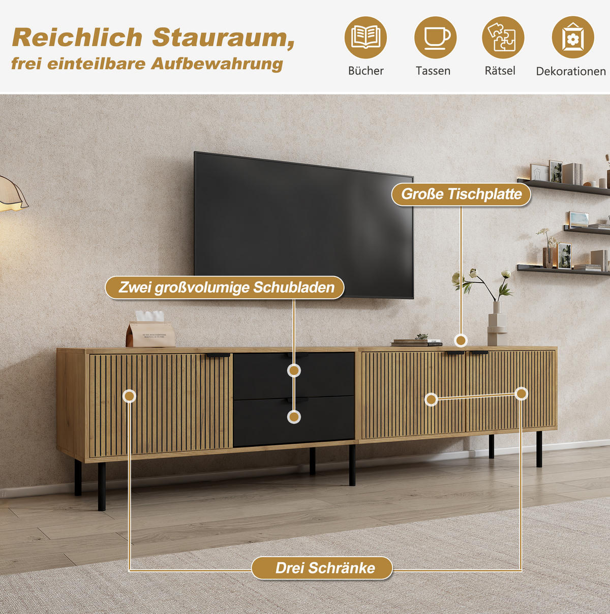 TV-LOWBOARD 208/40/48 cm schwarz/natur aus Spanplatte mit Stauraum - Schwarz, Holzwerkstoff (208/48/40cm) - OKWISH