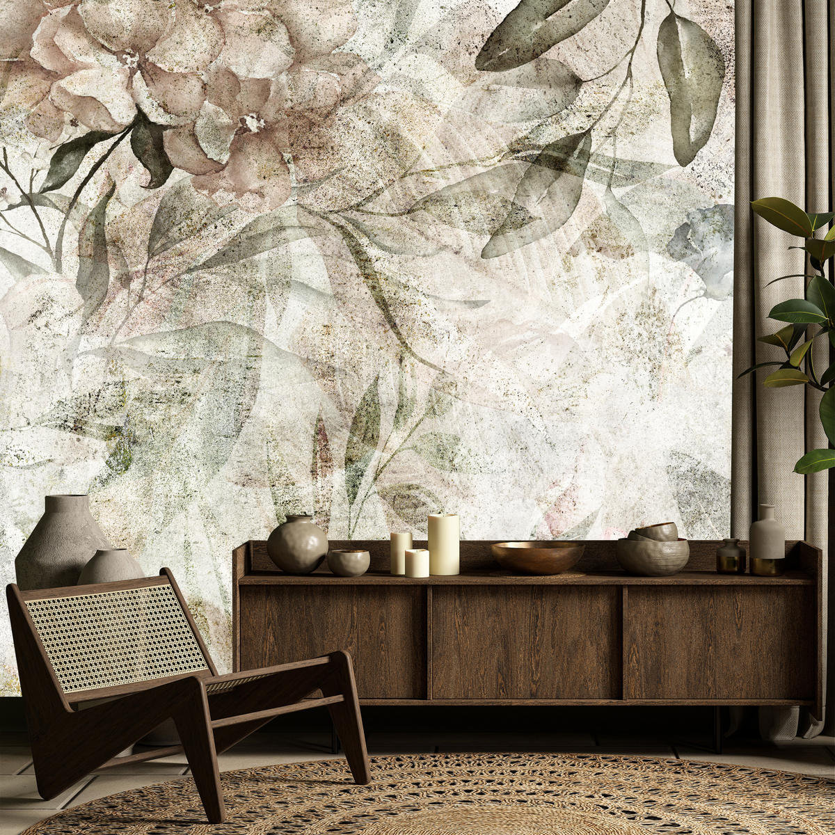 FOTOTAPETE für Schlafzimmer Retro Blumen Blätter Beton Abstrakt Vintage 200x140 - Beige/Braun, Papier (200/140cm) - Muralo