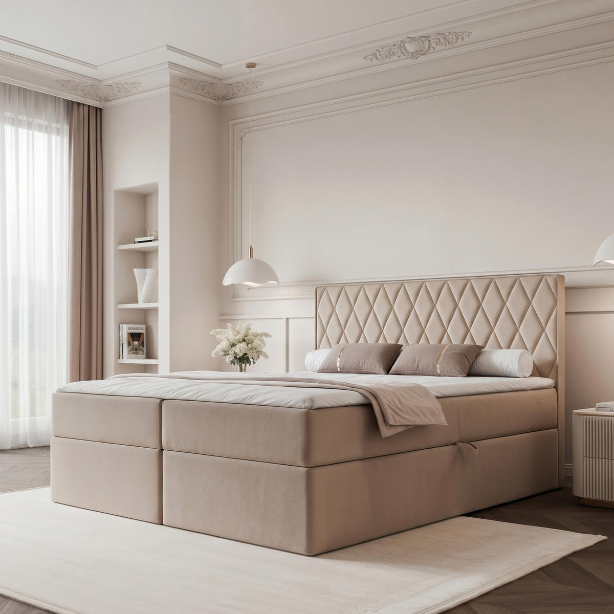 BOXBETT PONTI 160x200 cm Beige (Samt) - mit 2 Bettkästen, Bonellmatratze und vertikaler Rautensteppung - Beige, Holzwerkstoff/Textil (160/200cm) - Ravio