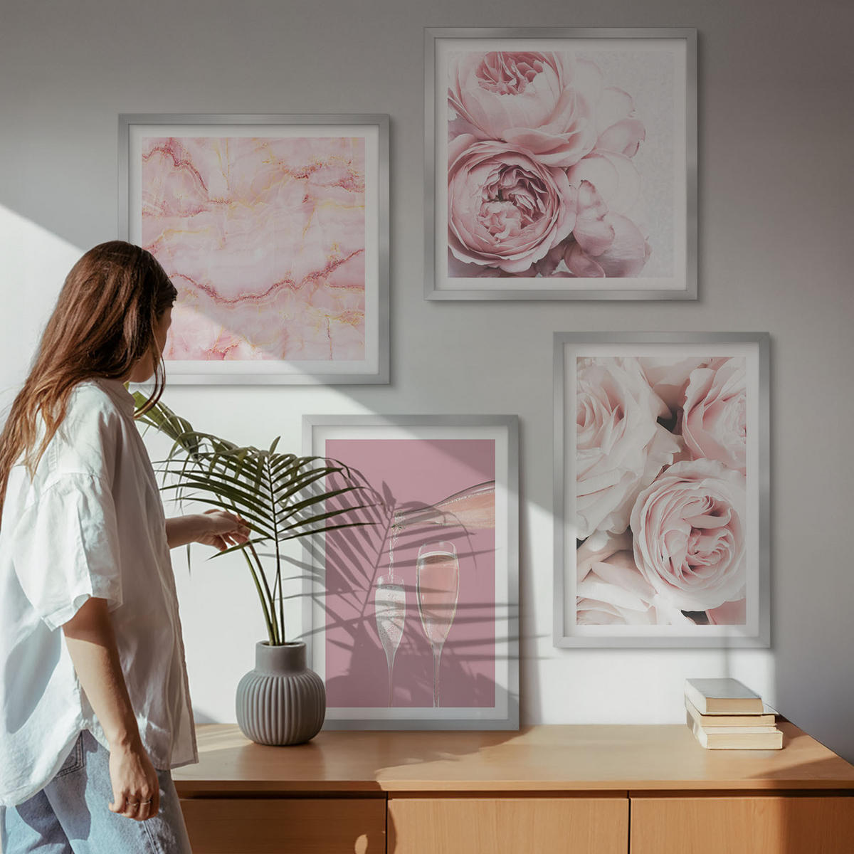 WANDBILDER 4er Set - 50x50 cm & 40x60 cm Silberner Rahmen - Rosen, Champagner, Marmor, Pastell - Silberfarben, Kunststoff (50/50cm) - ArtPrintCave