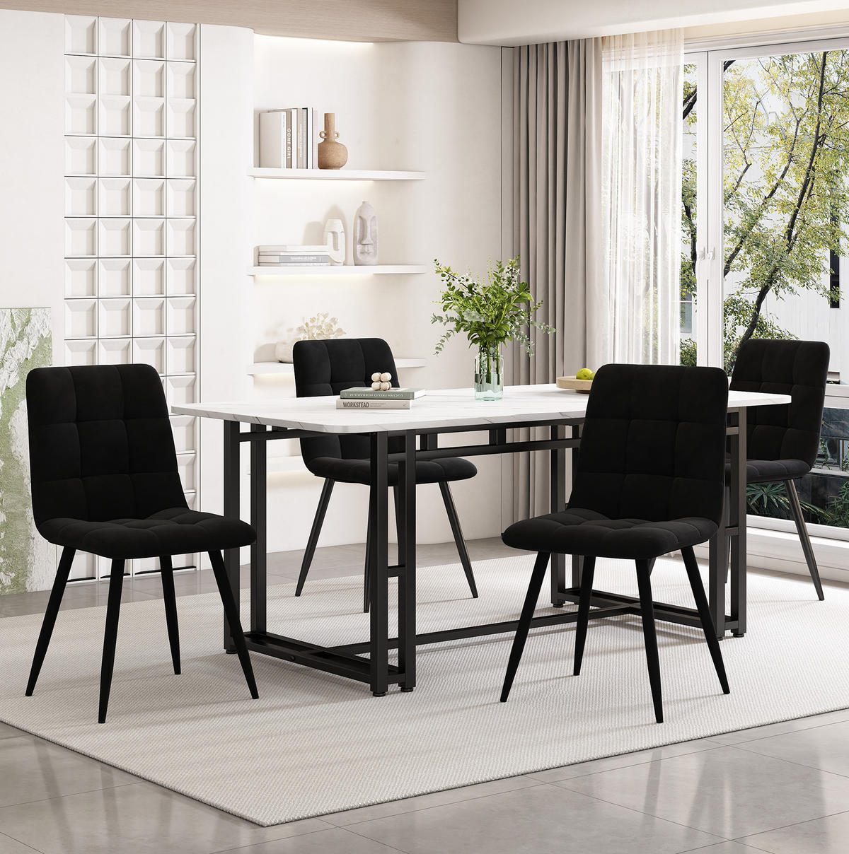 ESSTISCH-SET 5-tlg. 140 cm Schwarz MDF Samt - Schwarz, Metall (80/74/140cm) - Meubliv