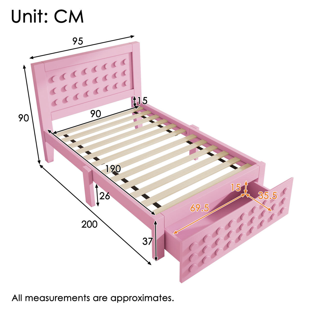 KINDERBETT 90/190 cm Rosa mit kreativem Blockdesign und Stauraum - Pink, Holzwerkstoff (90/190cm) - OKWISH
