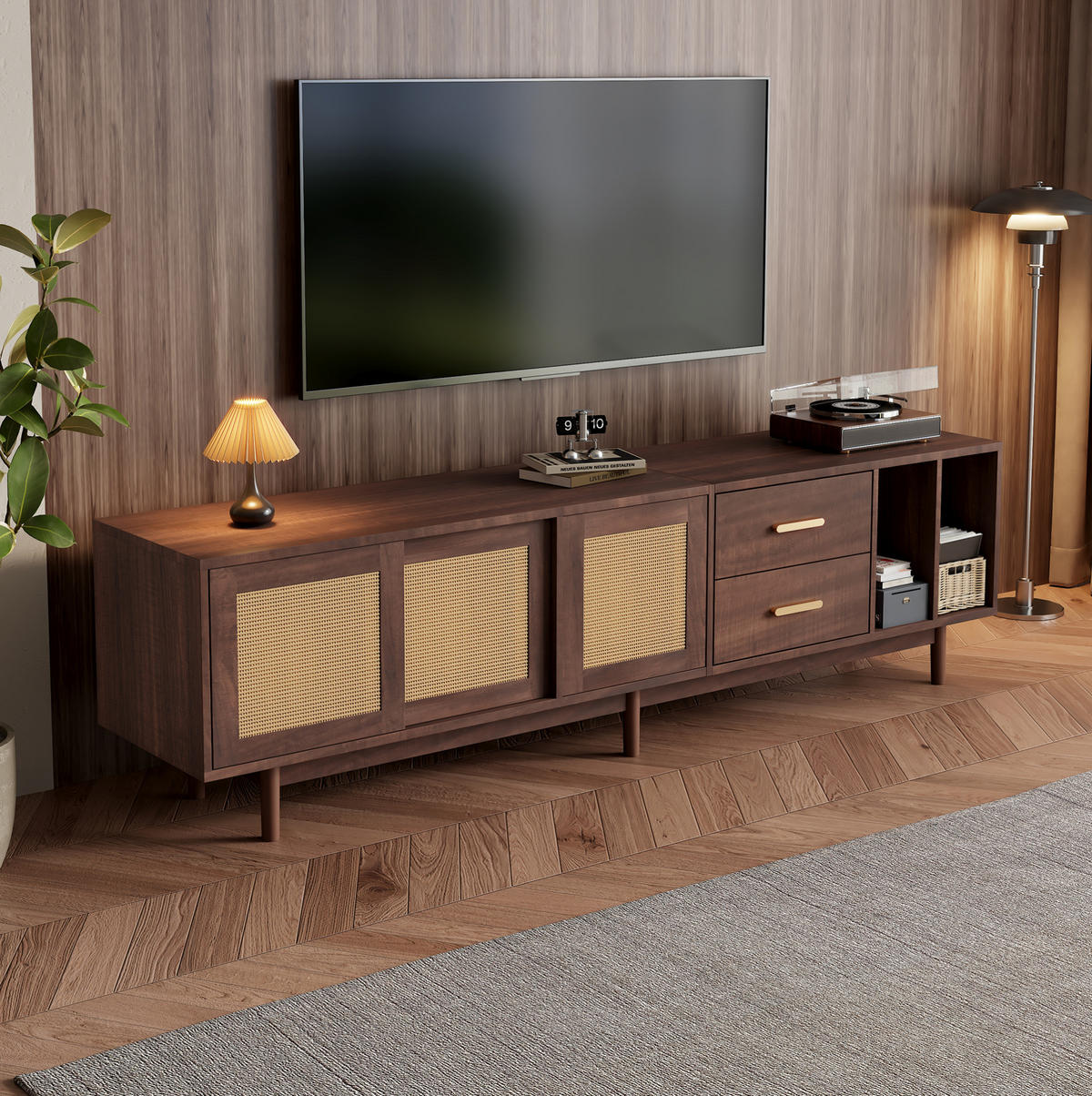 TV-LOWBOARD 190/40/52 cm mit 3 Türen, 2 Schubladen und Rattan-Fronten, MDF, Braun - Braun, Holzwerkstoff (190/52/40cm) - Redom
