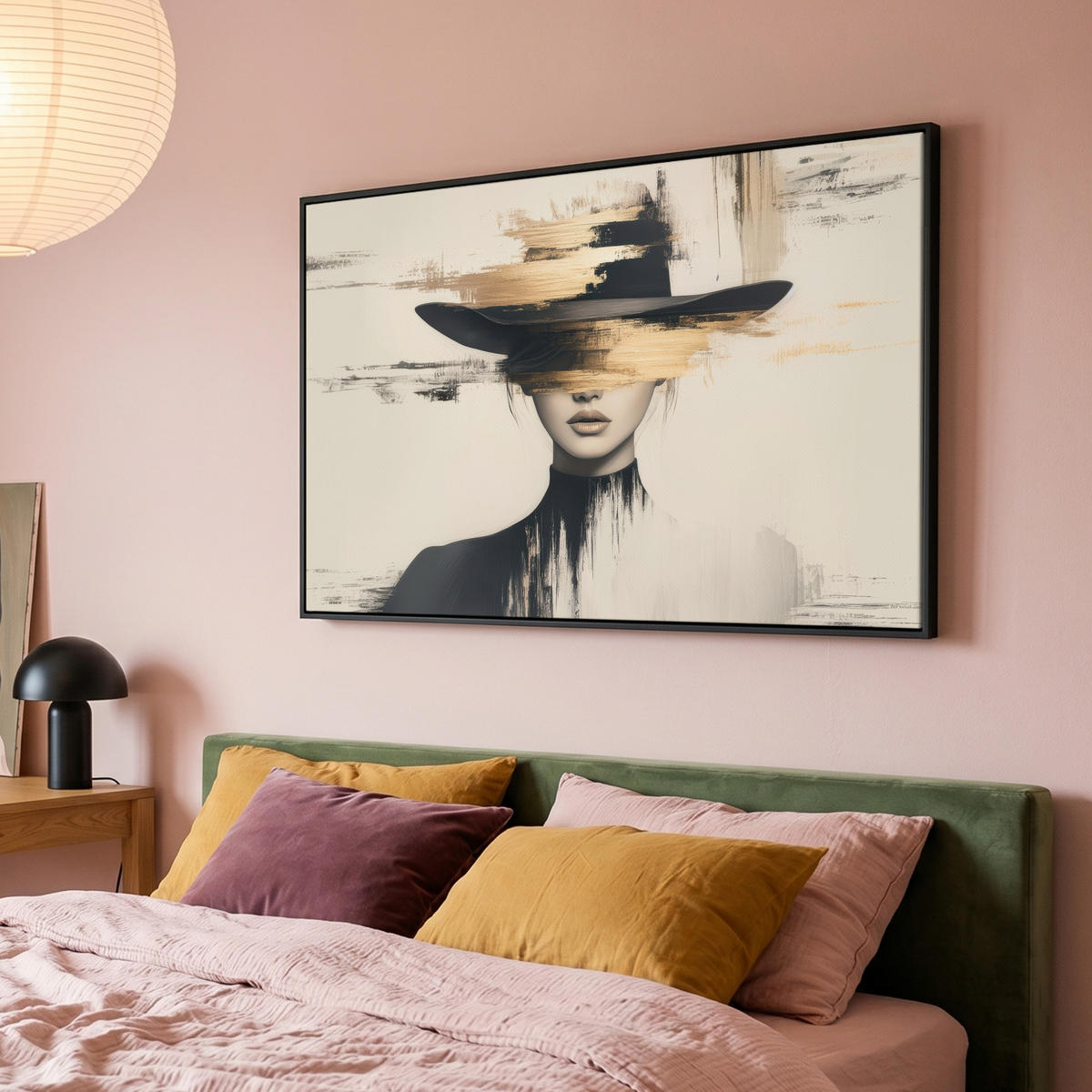 LEINWAND Bilder mit Rahmen - Frau - Hut - Farbe - 120x80 - Goldfarben, Textil (120/80cm) - MuchoWow