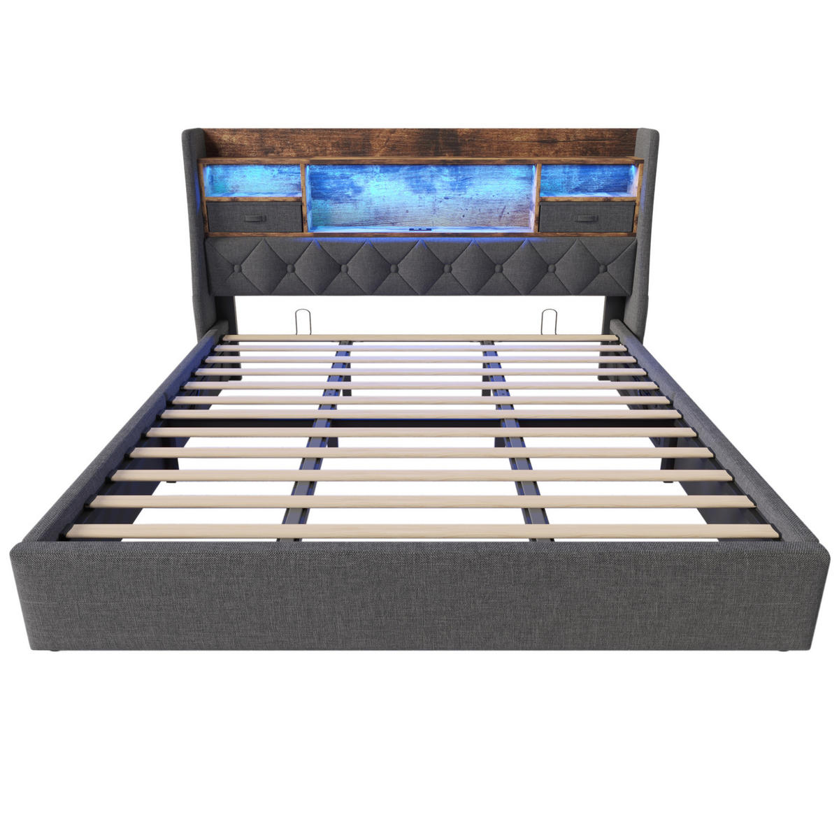 ČALOUNĚNÁ postel 180/200 cm šedá z lnu s LED osvětlením, USB a úložným prostorem - šedá, textil (180/200cm) - OKWISH
