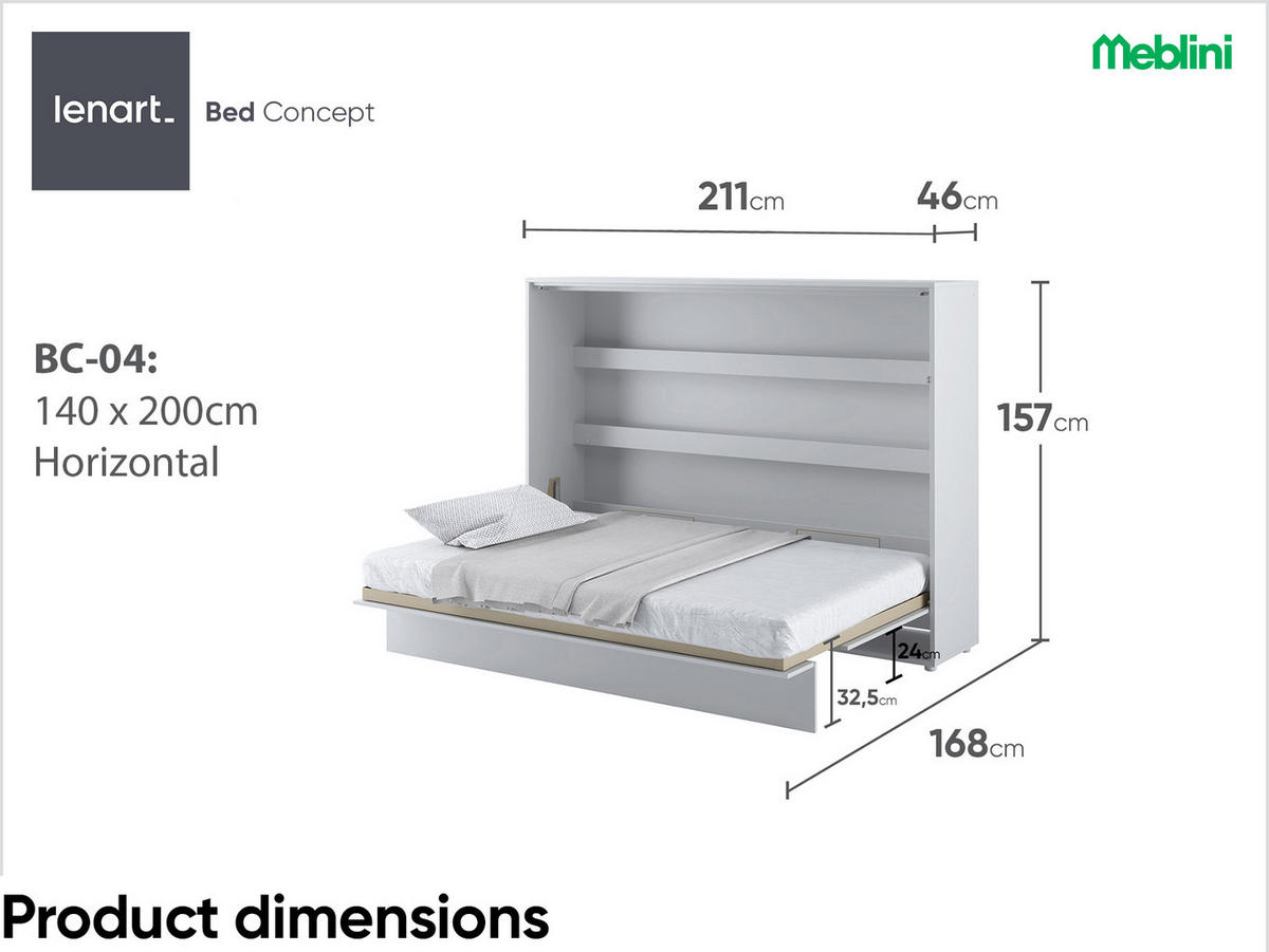 SCHRANKBETT BC-04 - 140x200cm Horizontal - Grau Matt - Grau, Holzwerkstoff (200/140cm) - Meblini