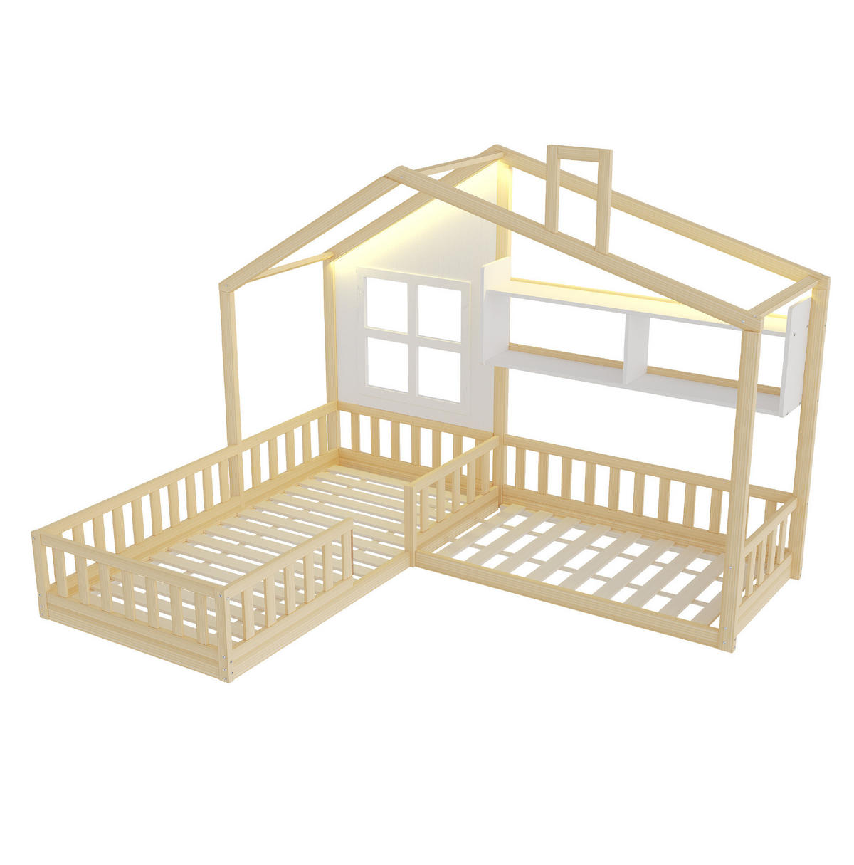 KINDERBETT 90/200 cm in Hausform mit Regalen, LED und Rausfallschutz - Naturfarben, Holz (90/200cm) - BEAOK